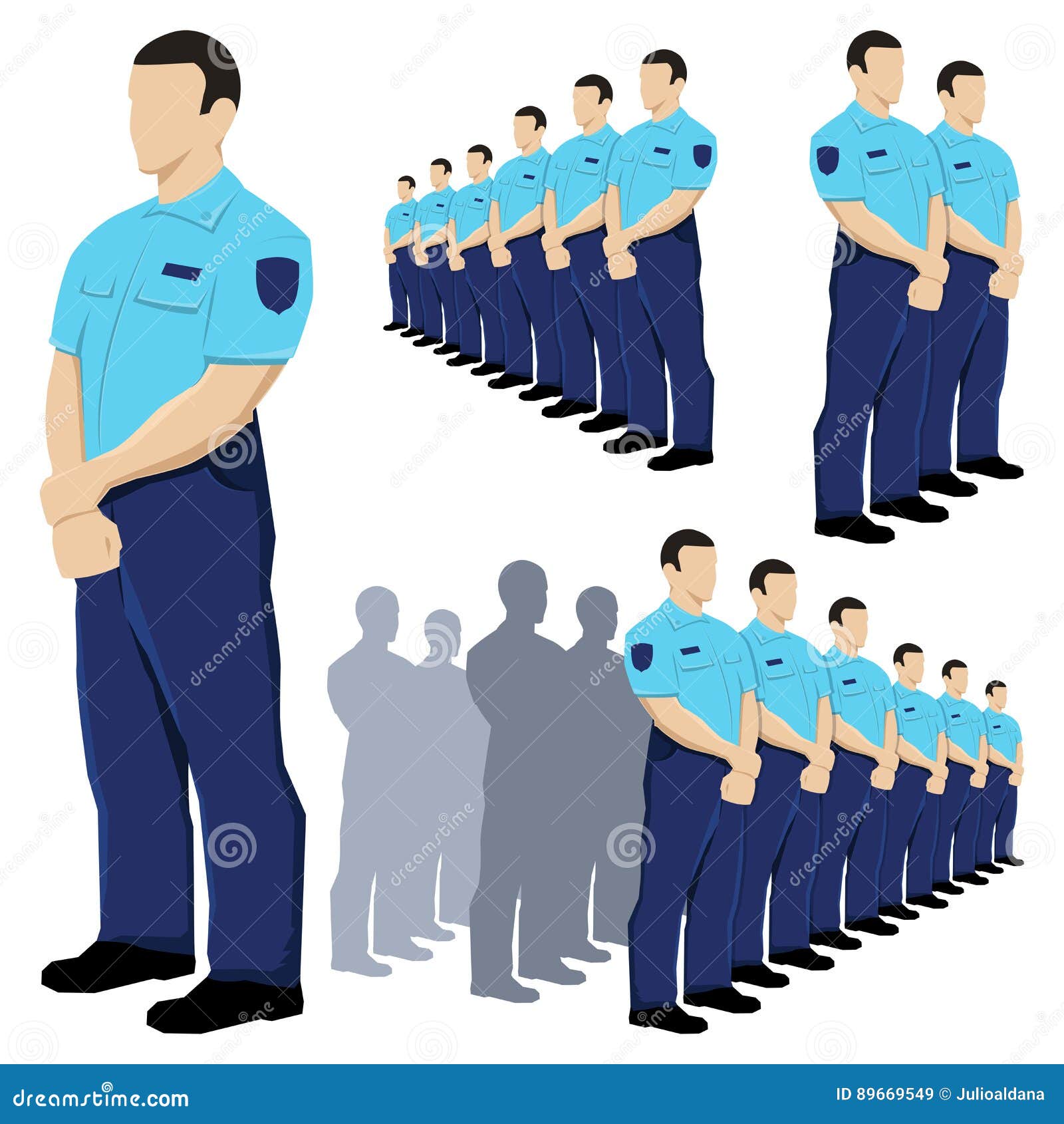 Police Security Guard Vector Set with Blue Uniform Stock Vector