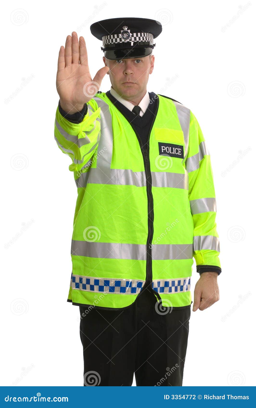 Police traffic stop. Policeman in reflective jacket ordering you to STOP.