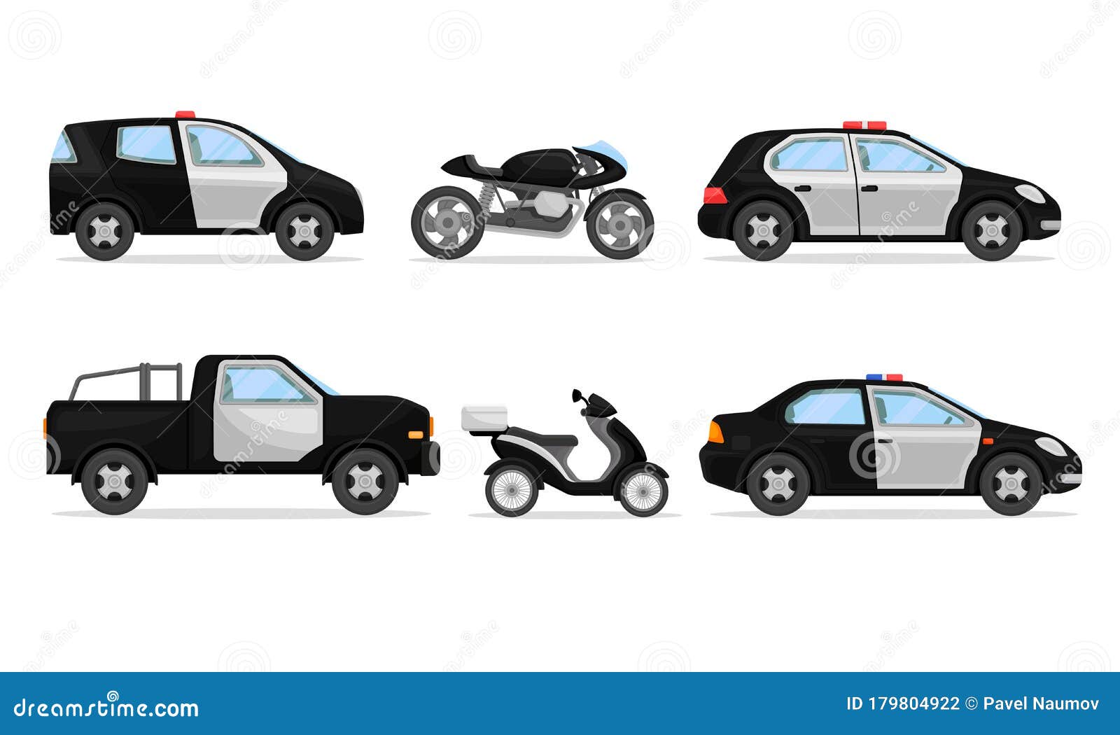 Police Vehicles With Patrol Car And Motorcycle Vector Set Stock Vector