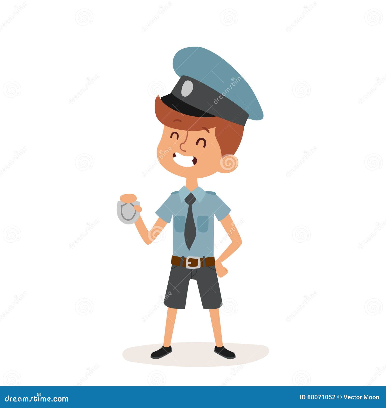 Policeman boy cap and badge hands cop cartoon character person on white background vector profession uniform worker. Cute cartoon profession police boy and police funny cartoon kid. Boy police man in police uniform, cap and badge hands cop occupation security job. Cute cartoon character of policeman boy vector.