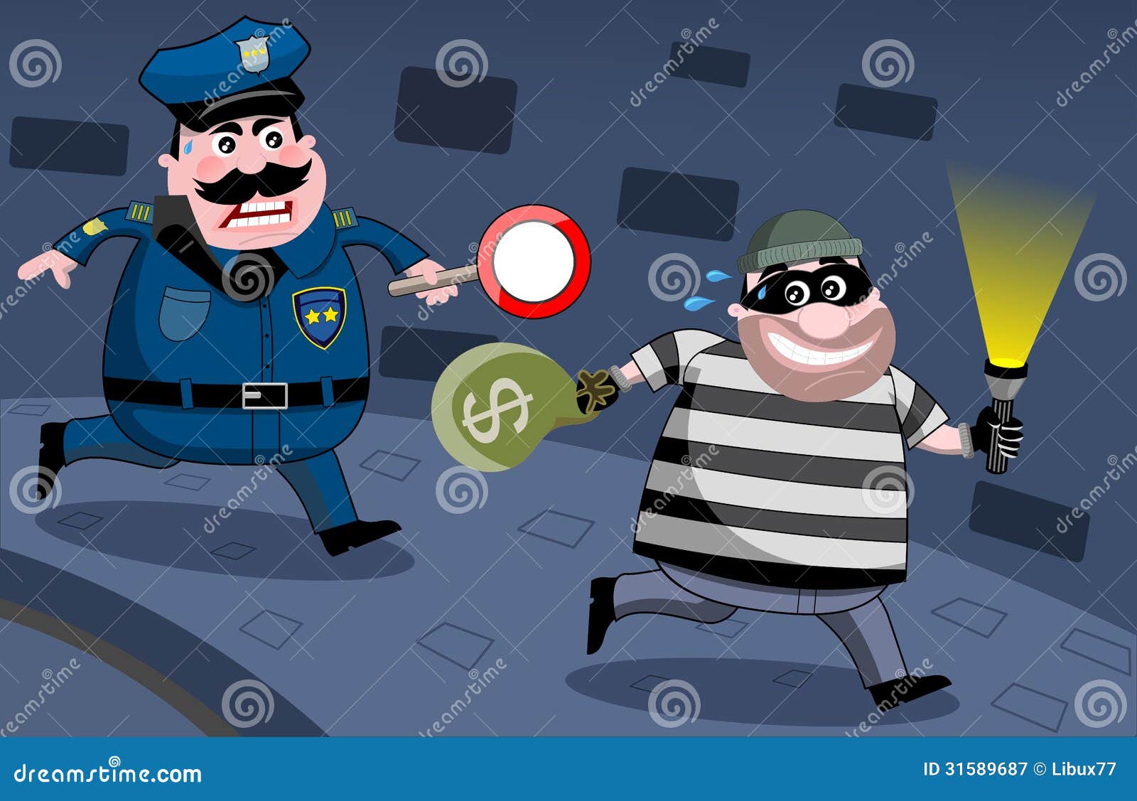 Policeman Chasing Bank Robber At Night Royalty Free Stock Photography