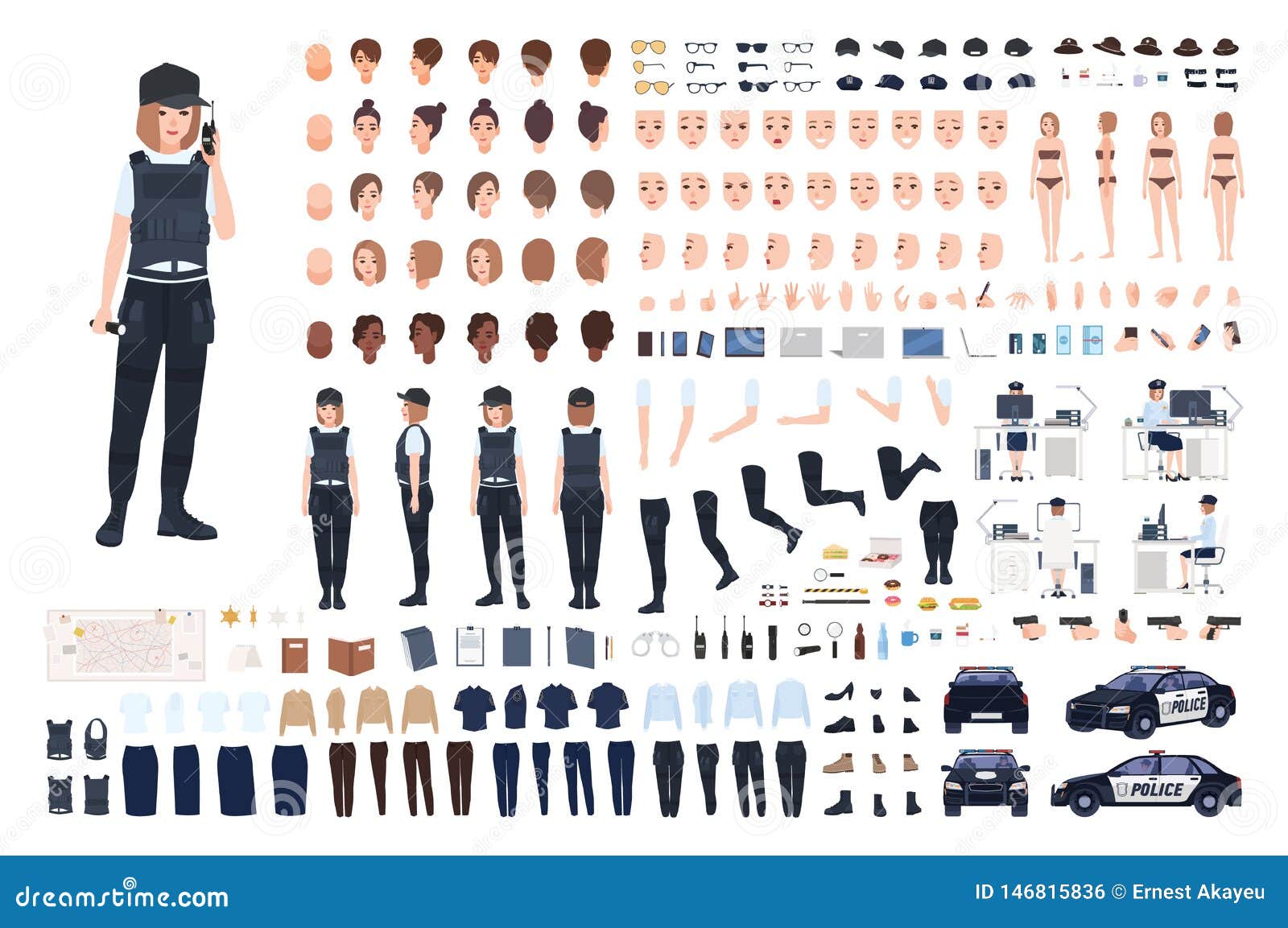 Policewoman Animation Set or DIY Kit. Bundle of Female Police Officer Body  Parts, Faces, Hairstyles, Uniform, Clothing Stock Vector - Illustration of  element, design: 146815836