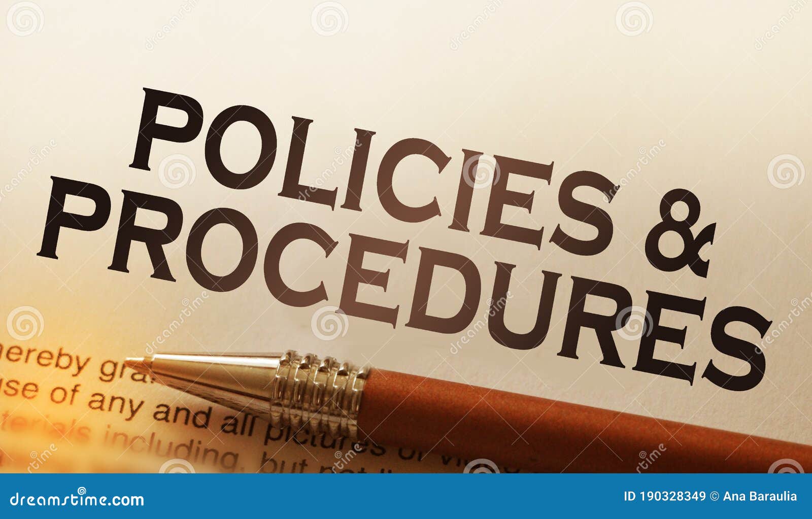 policies and procedures memo on notebook with pen. business concept