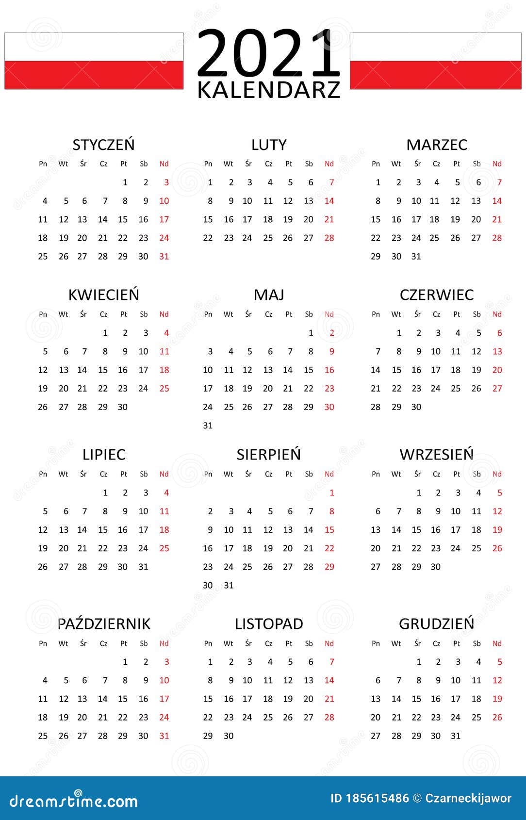 Polish Calendar For 2021 12 Months On One Page Weekend Start From