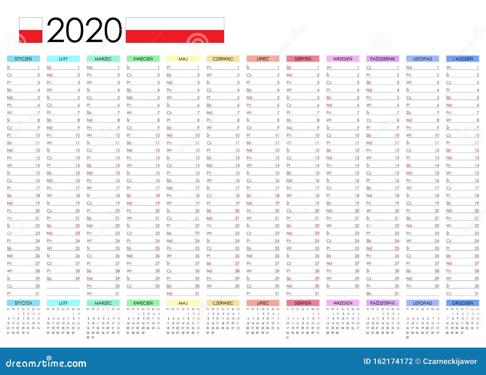 Polish Calendar. Readable and Simple Layout. 12 Months on One Page