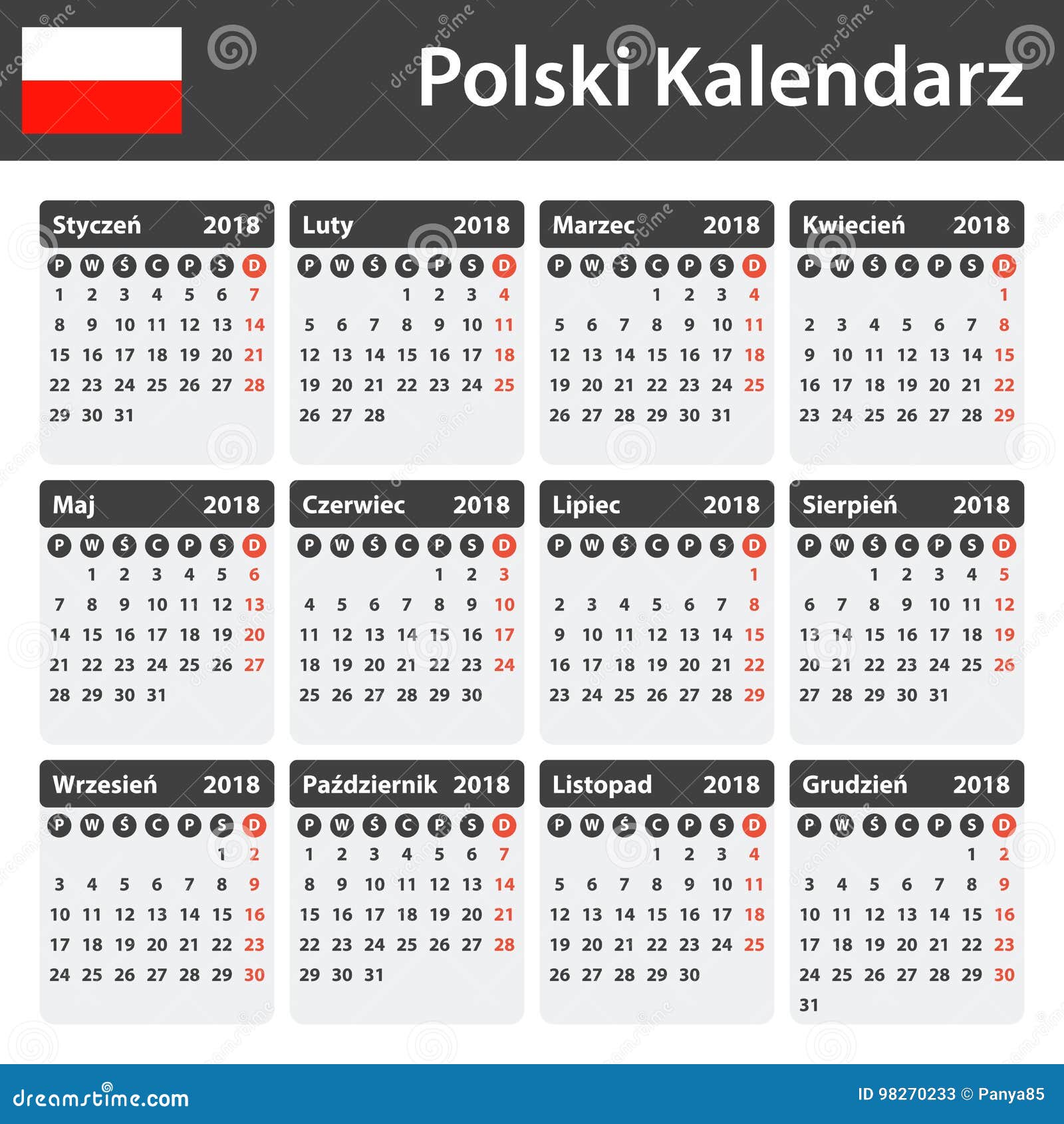 Polish Calendar for 2018. Scheduler, Agenda or Diary Template Stock