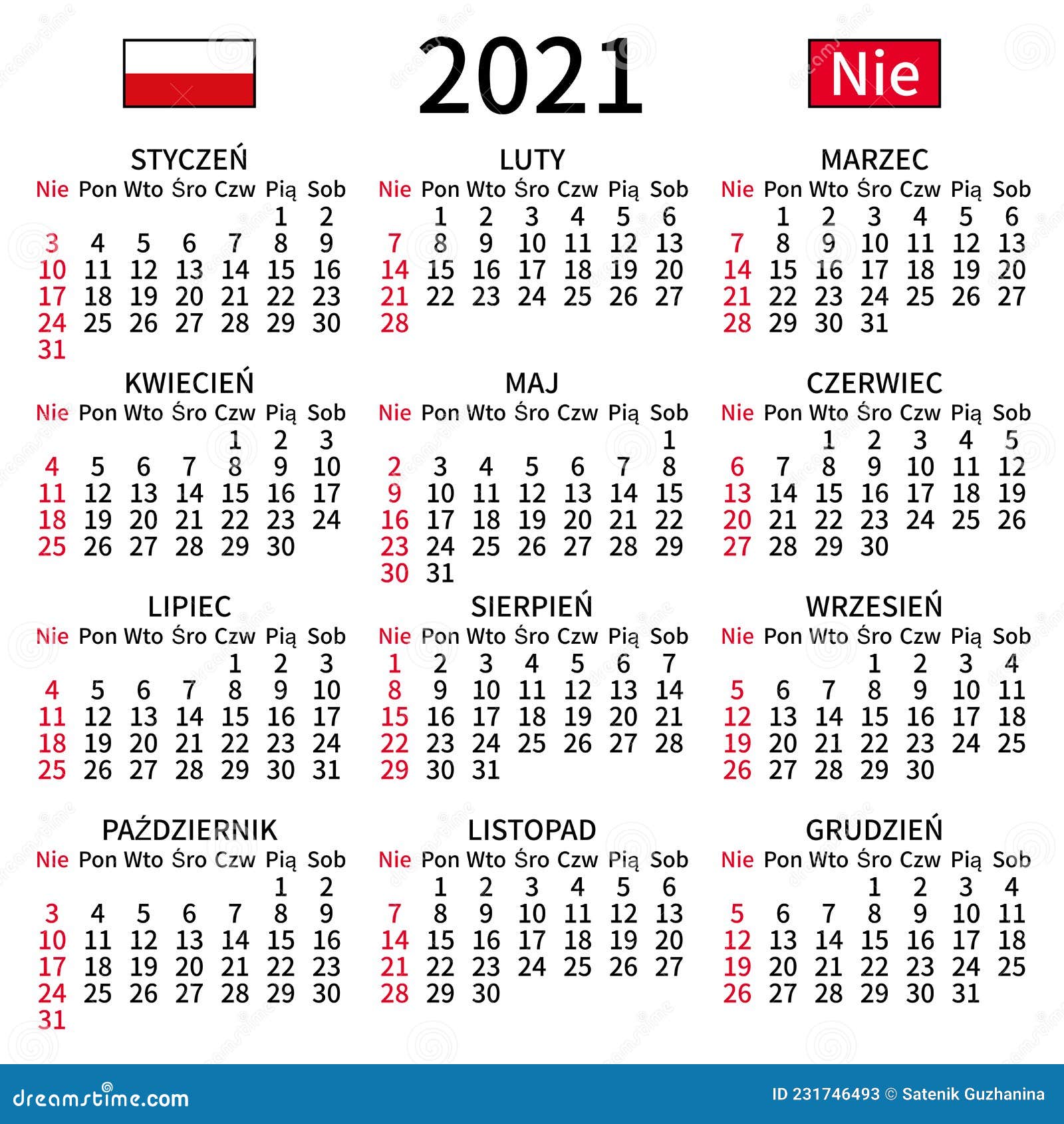 Polish Calendar 2021, Sunday Stock Vector - Illustration of isolated ...