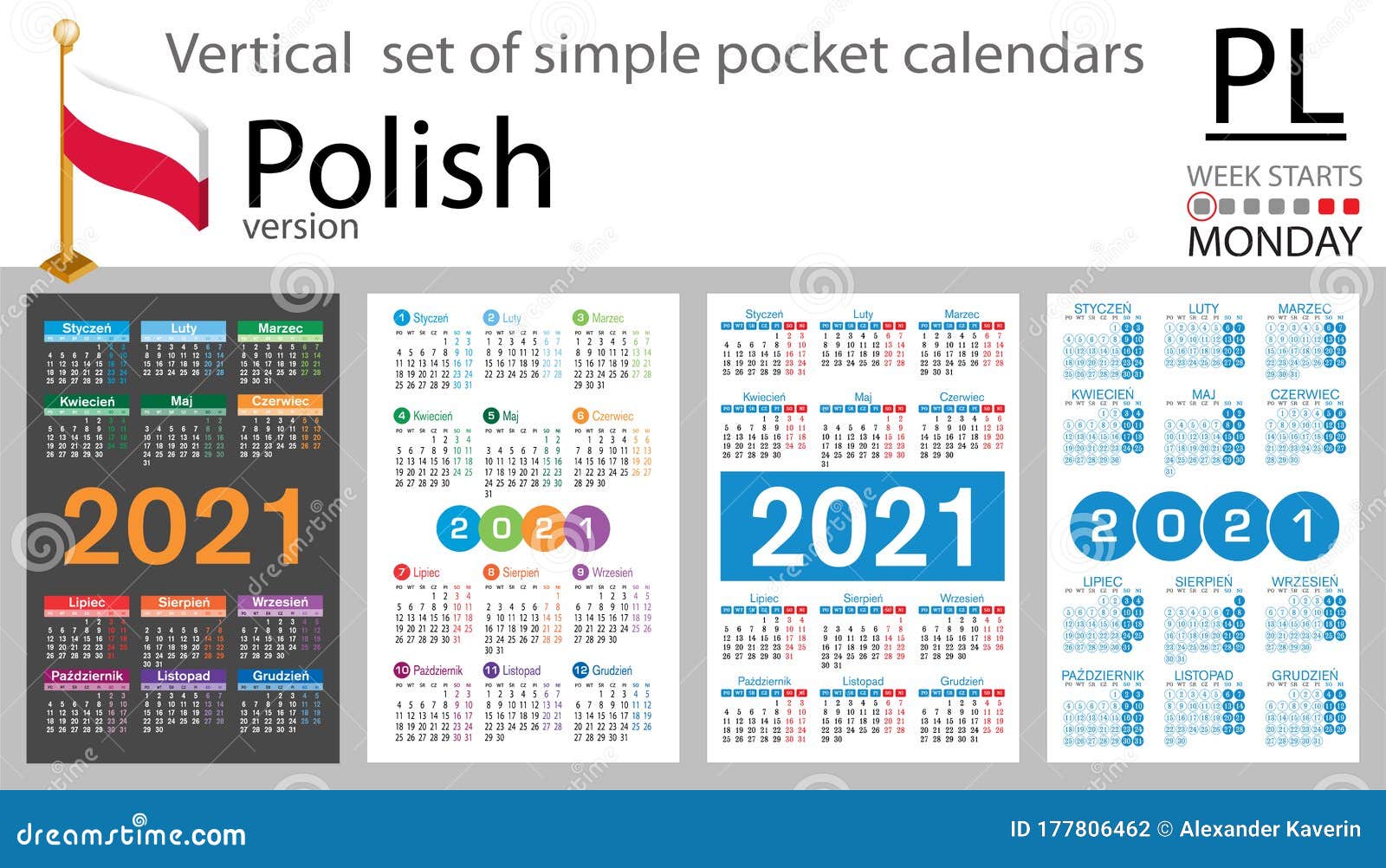 Polish Vertical Pocket Calendar For 2021 Stock Vector Illustration Of