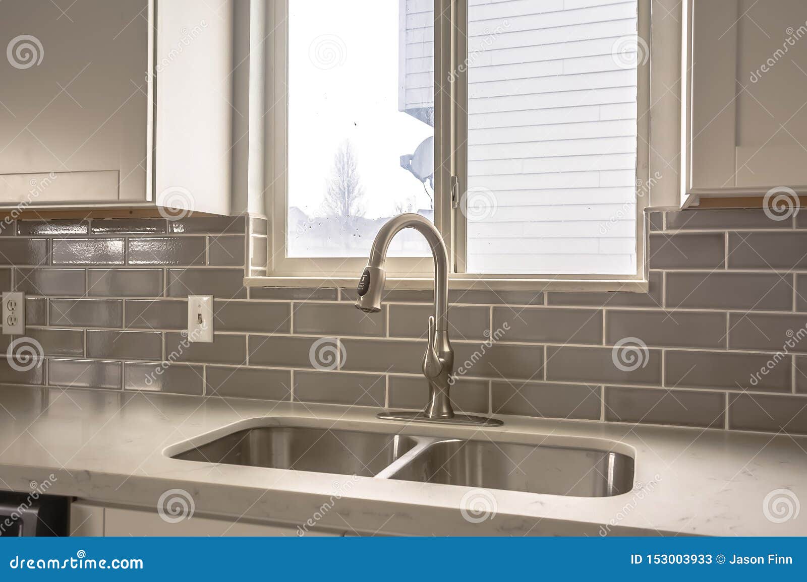 Polished Kitchen Countertop With Double Basin Stainless Steel Sink