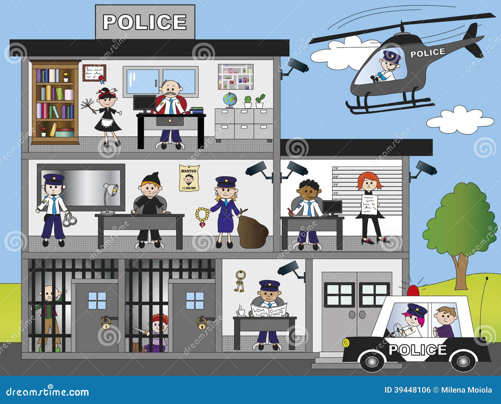 Illustration av den roliga polisstationen