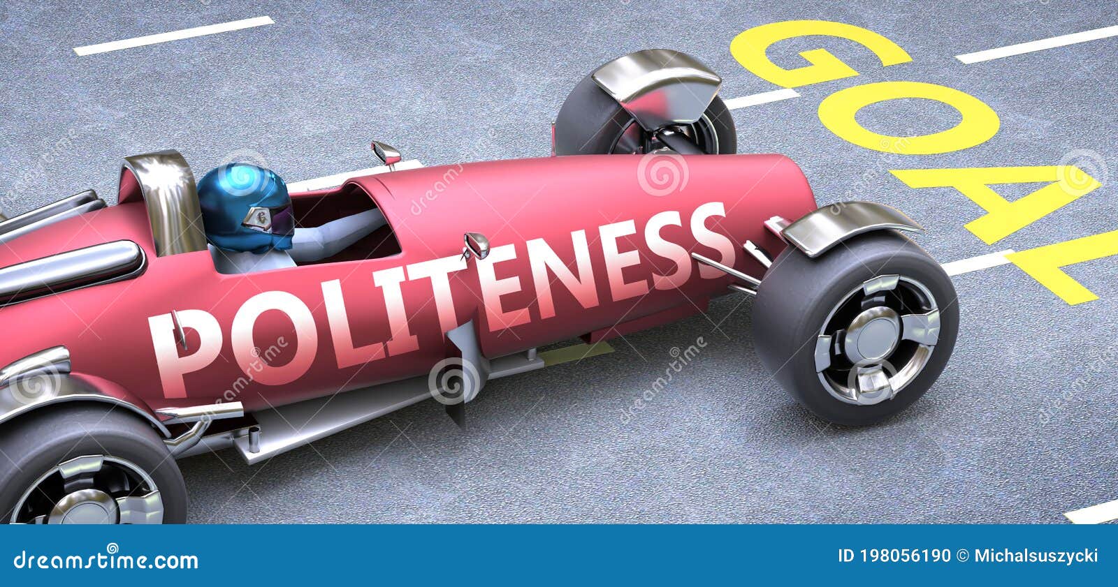 politeness helps reaching goals, pictured as a race car with a phrase politeness on a track as a metaphor of politeness playing