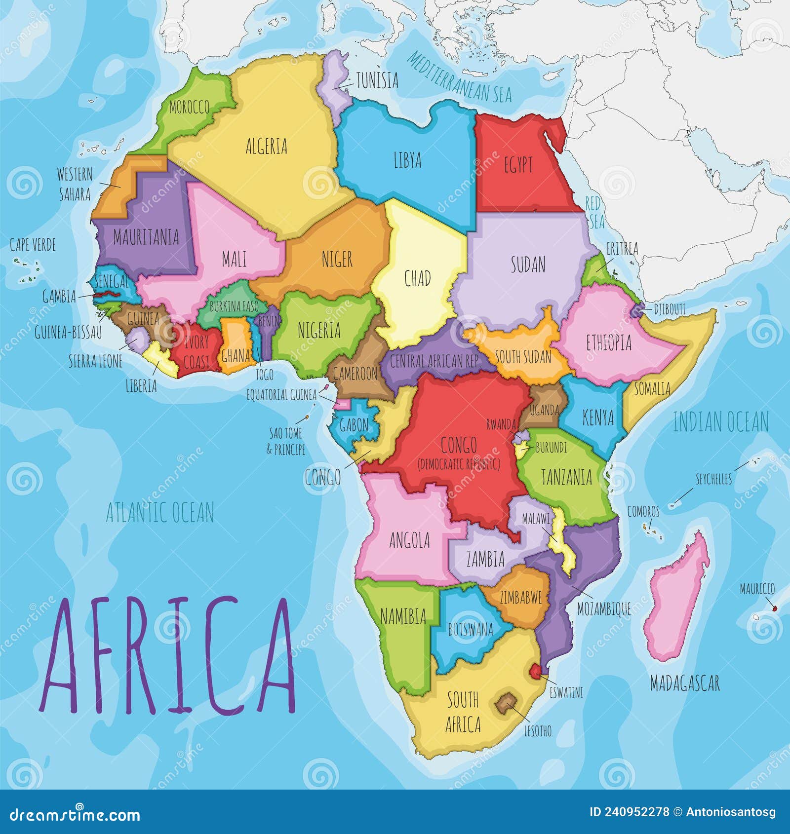 Political Africa Map Vector Illustration with Different Colors for Each
