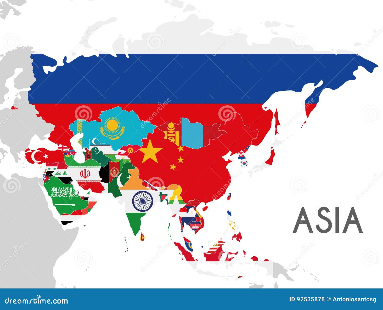 Political Asia Map Vector Illustration With The Flags Of All Asian
