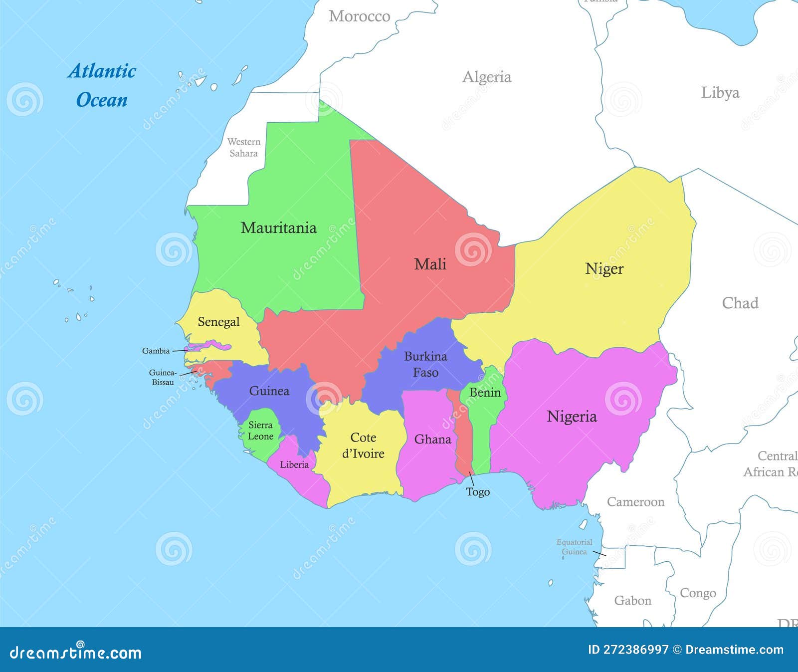 Map of Western Africa with Borders of the States. Stock Vector