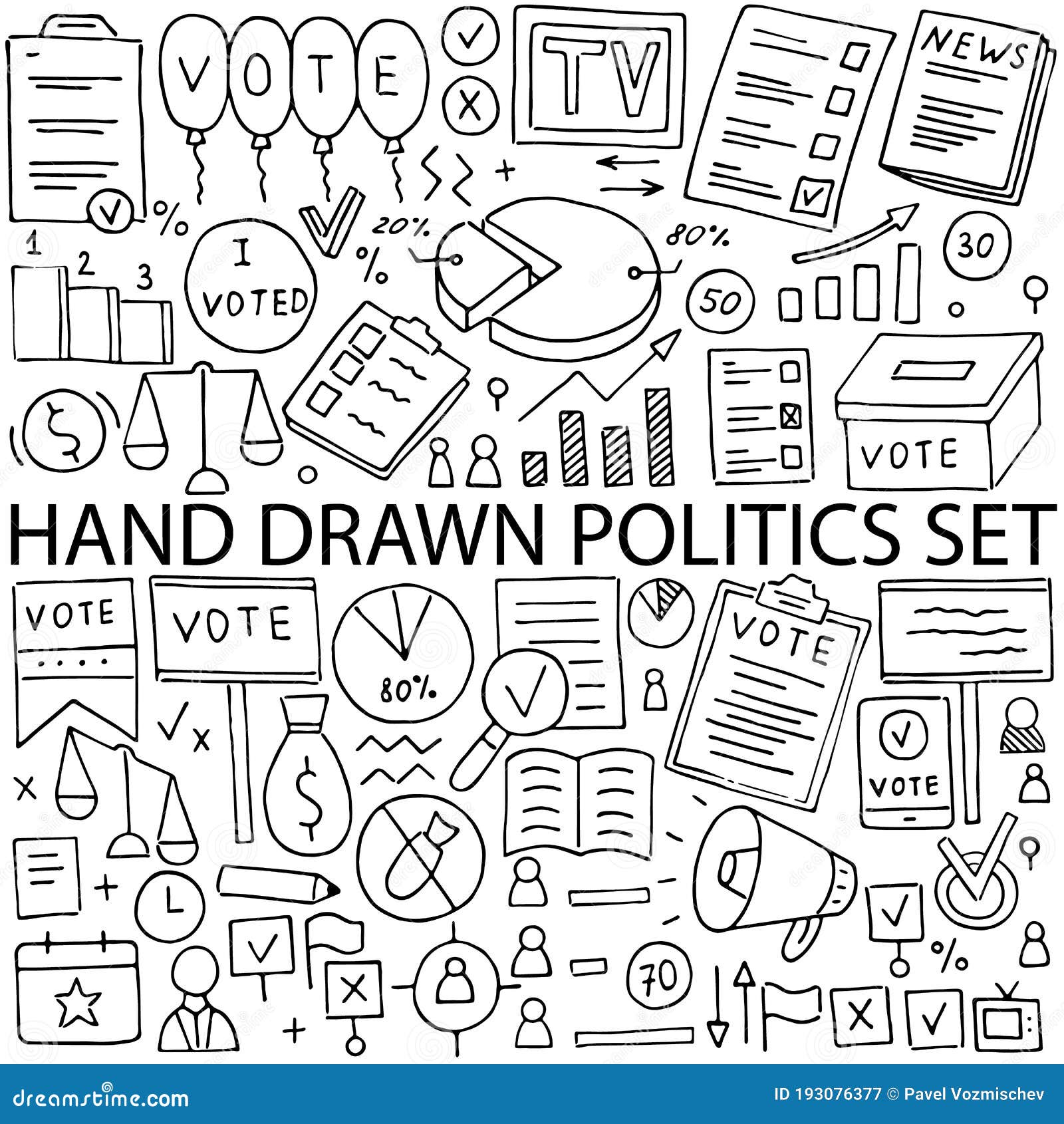 political icons drawn by hand,  set. doodle on the topic of politics and elections.