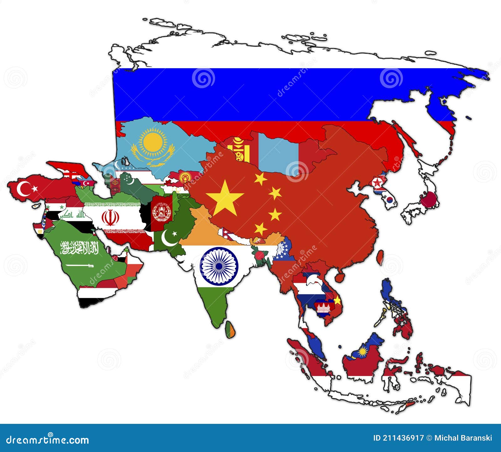 Political map of asia stock illustration. Illustration of flag - 211436917