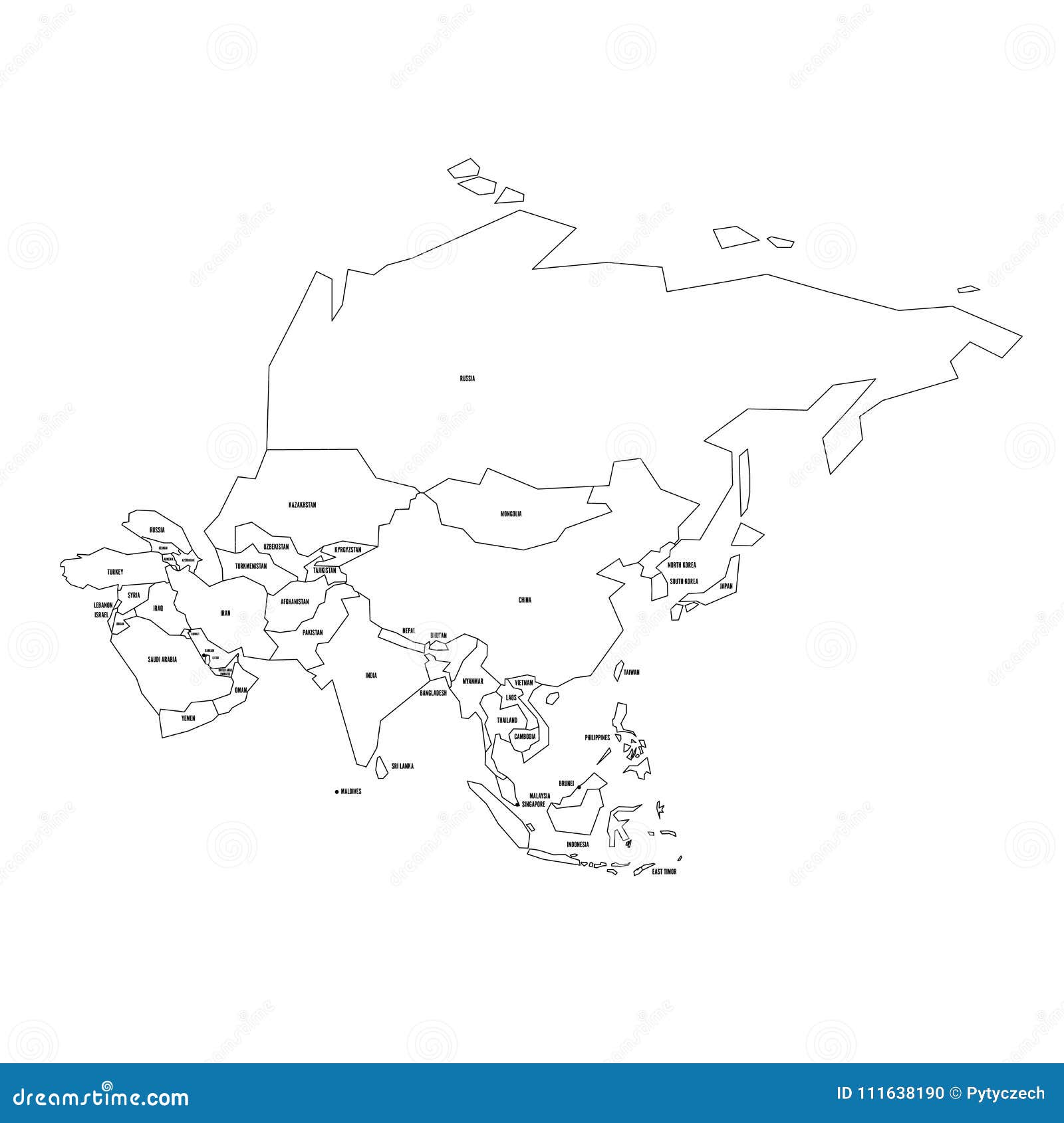 Blank Map Of Asia To Label Political Map Of Asia. Simplified Thin Black Wireframe Outline With  National Borders And Country Name Labels. Vector Stock Vector -  Illustration Of Cartography, Outline: 111638190