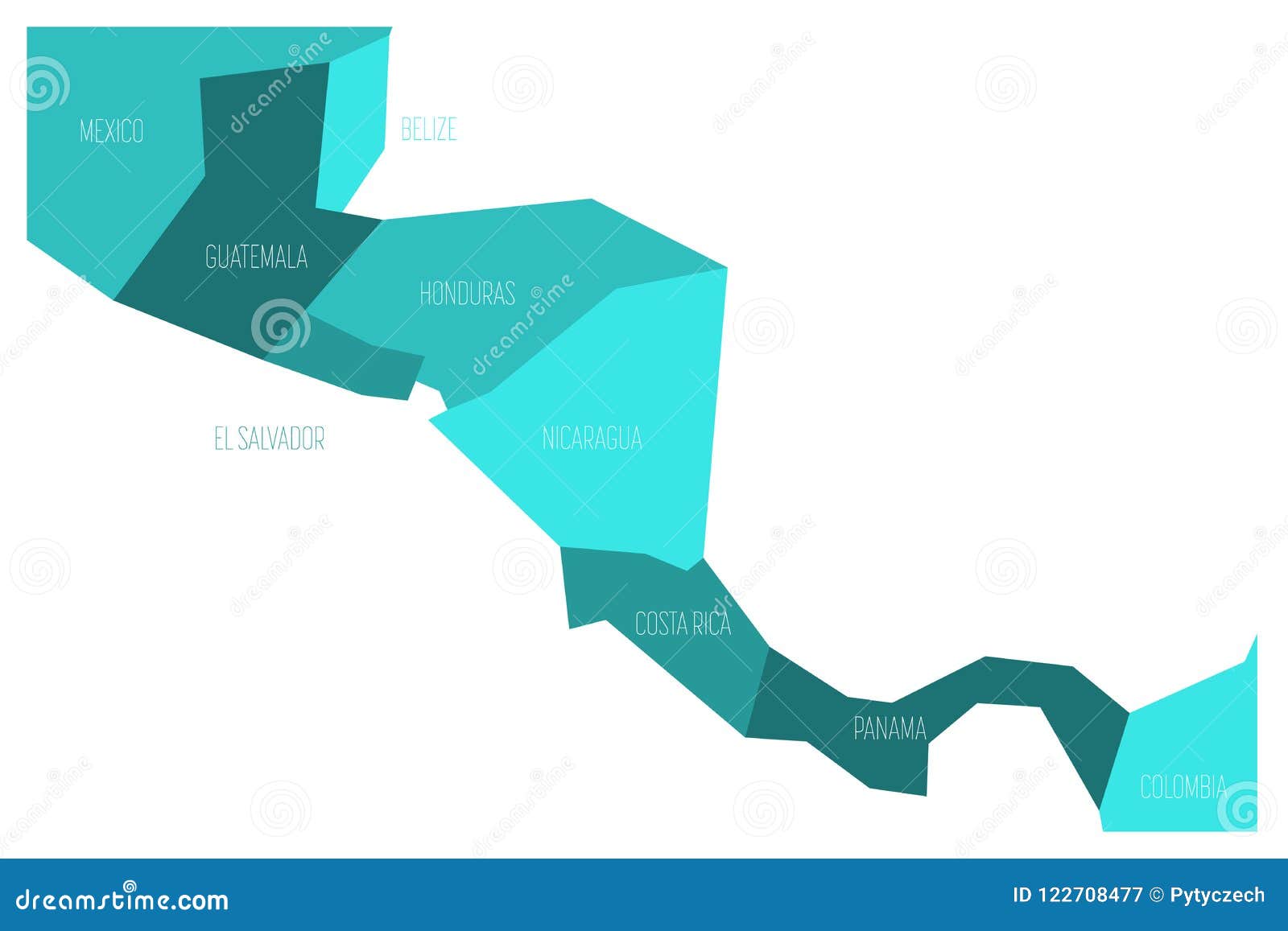 political map of central amercia. simlified schematic flat  map in shades of turquoise blue