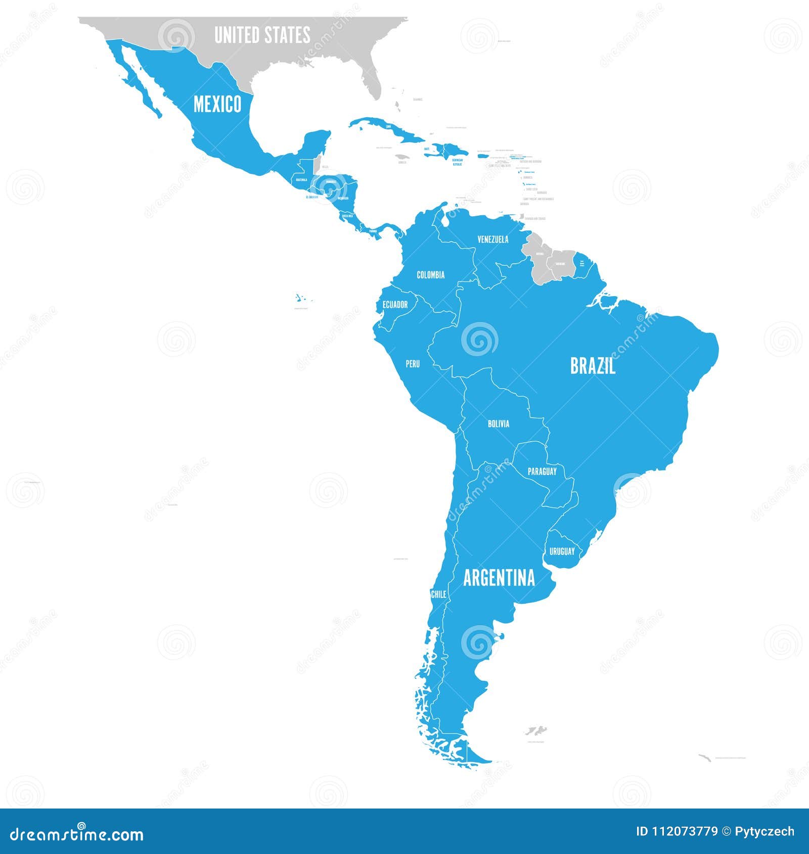 political map of latin america. latin american states blue highlighted in the map of south america, central america and