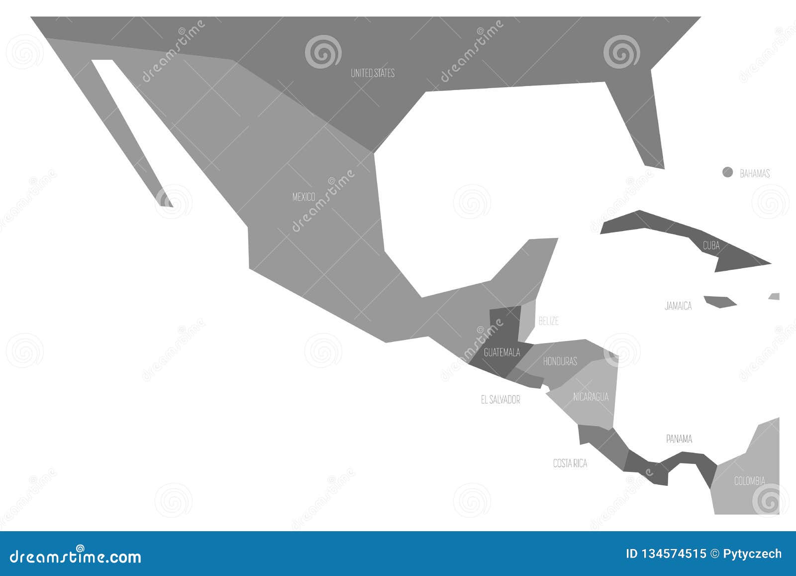 political map of mexico and central amercia. simlified schematic flat  map in four shades of grey