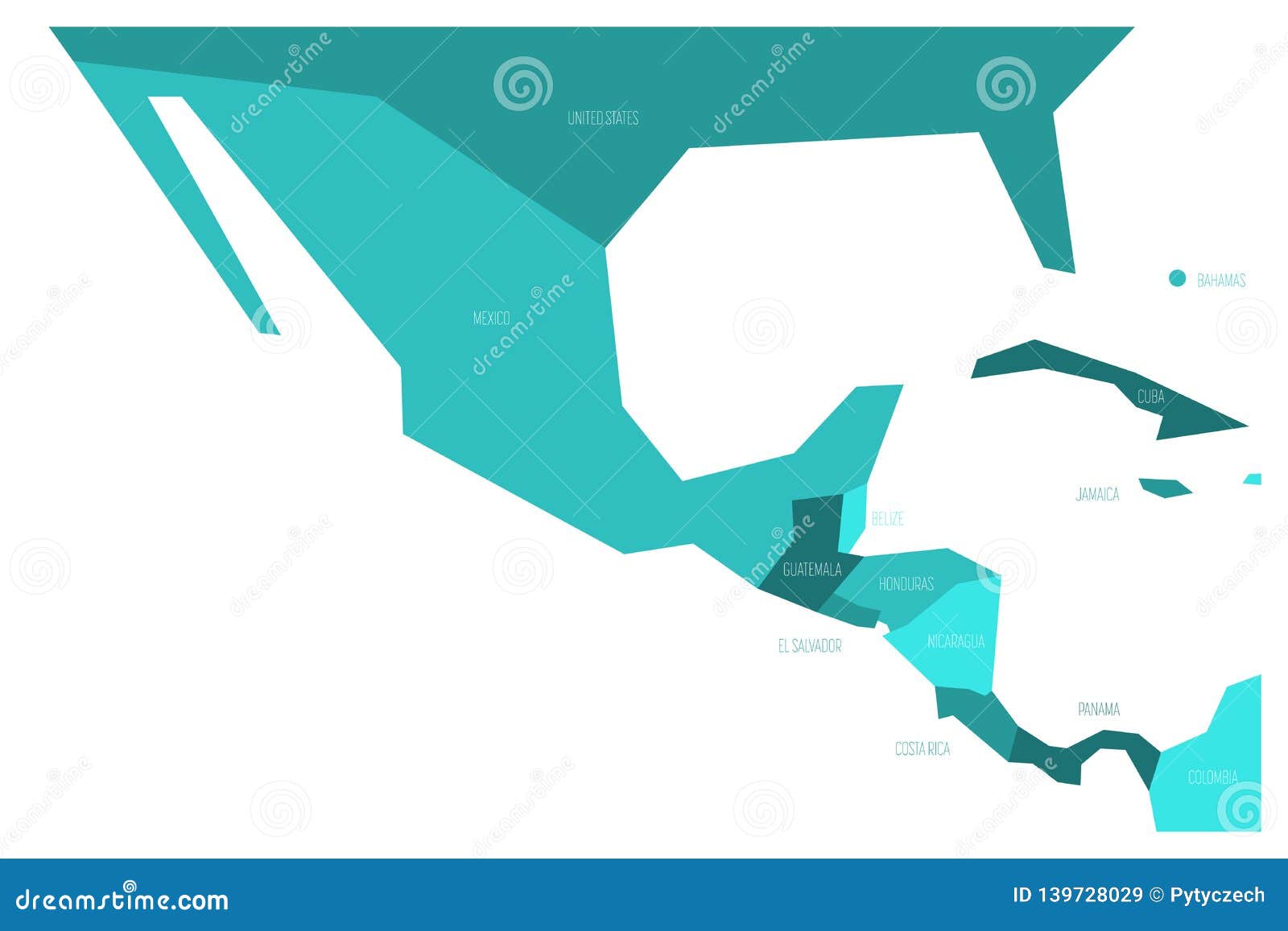 political map of mexico and central amercia. simlified schematic flat  map in four shades of turquoise blue