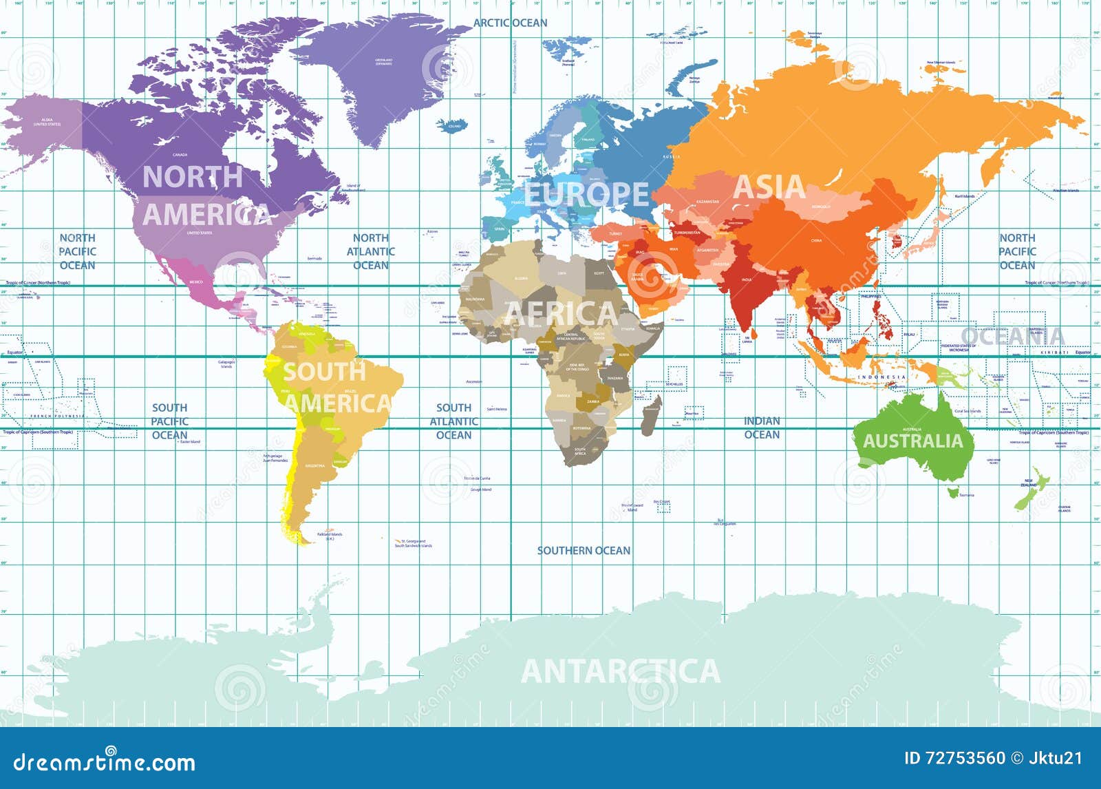 Political Map Of The World With All Continents Separated By Color Labeled Countries And Oceans And With Enumerated Longitudes An Illustration Megapixl