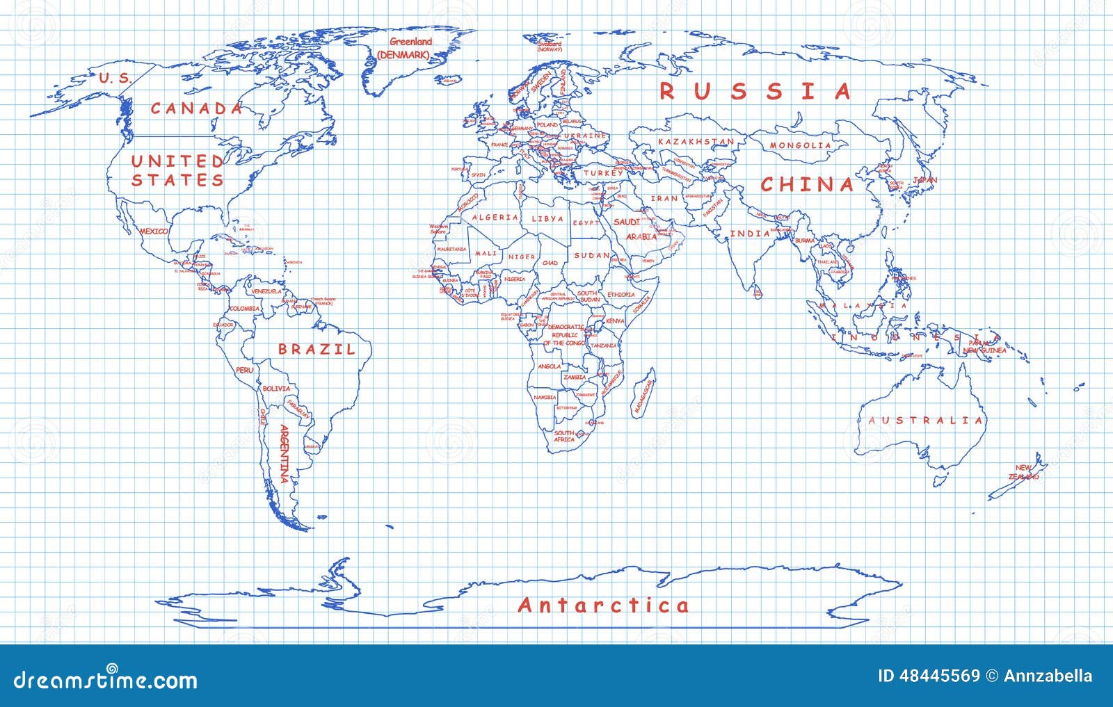 Political Map Of The World Drawn With Blue Pen Stock Vector