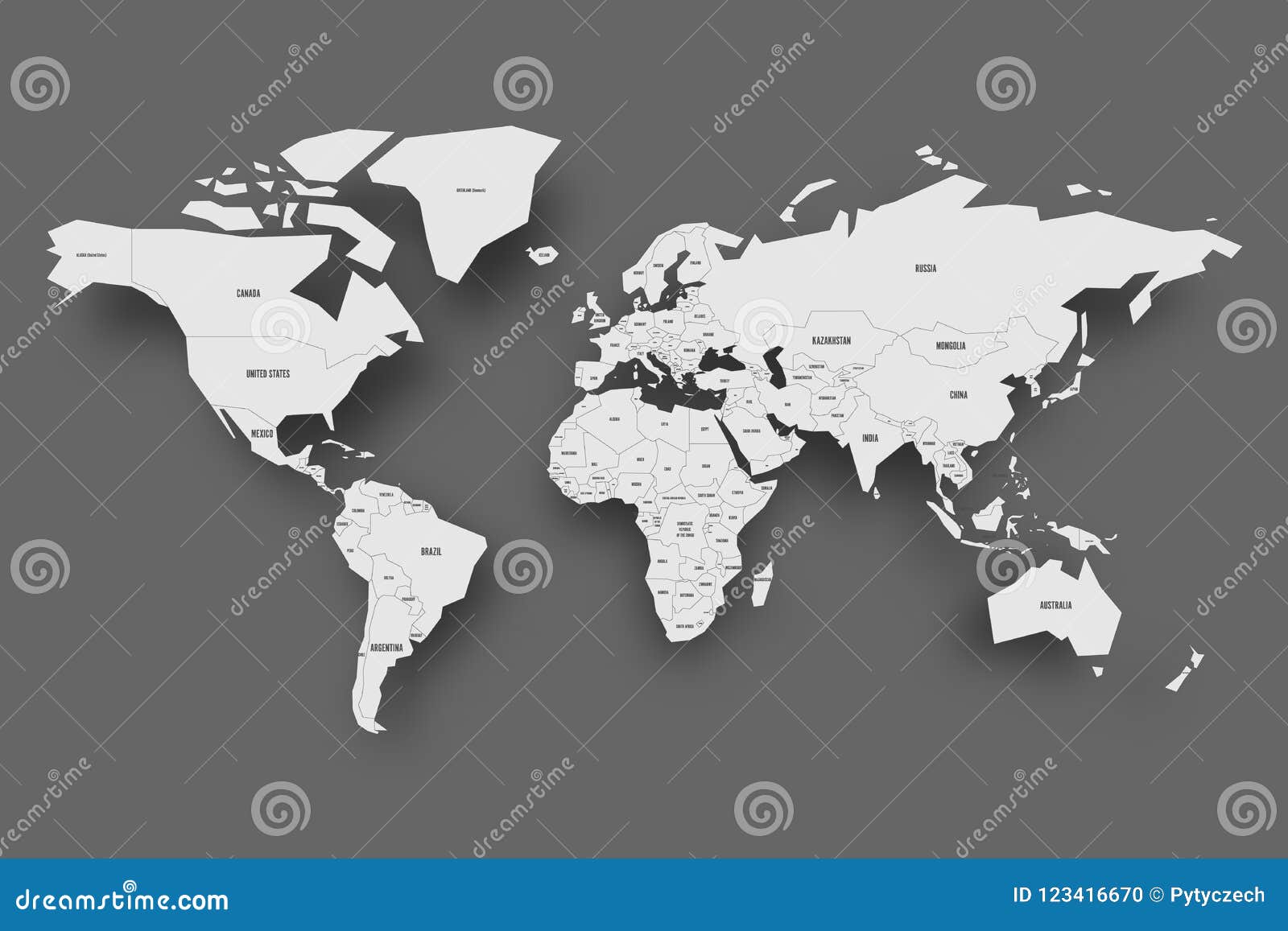 Political Map Of World. Light Grey Map With Country Borders And Labels