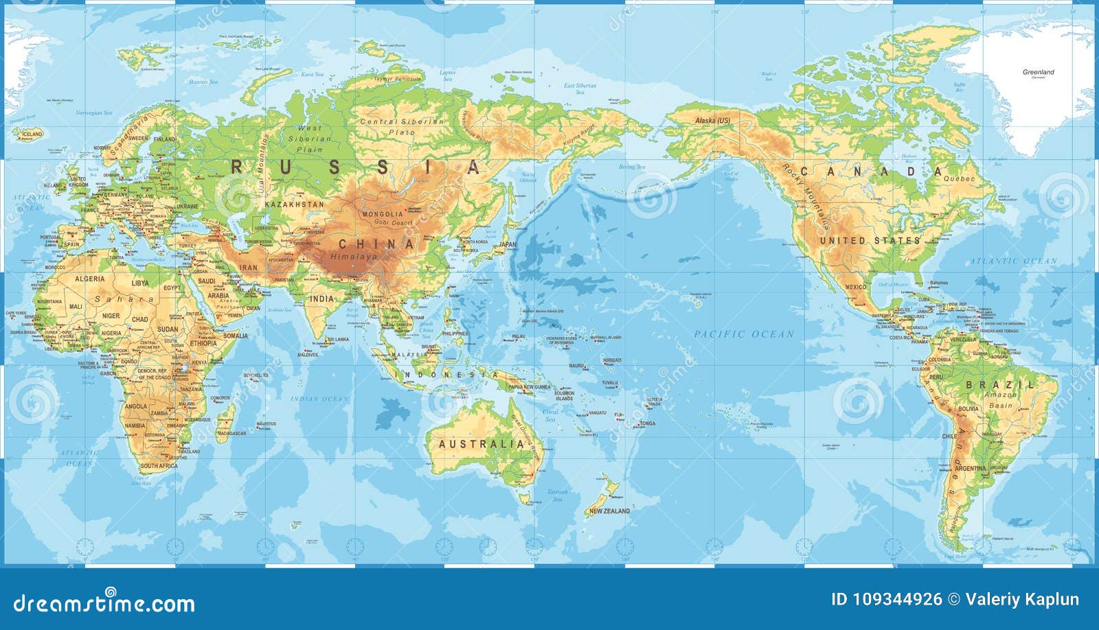 political physical topographic colored world map pacific centered