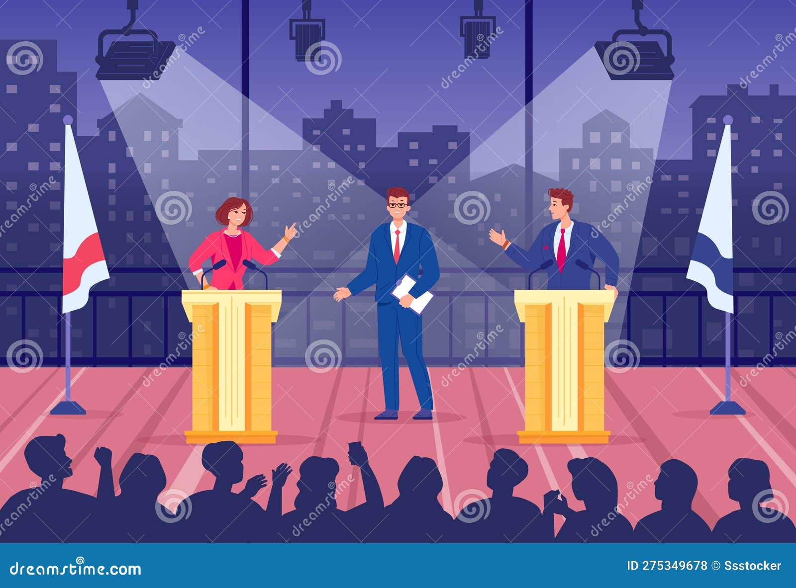 political talk show. two politico speaking on debate audience stage tv broadcast, professional speakers leader politics