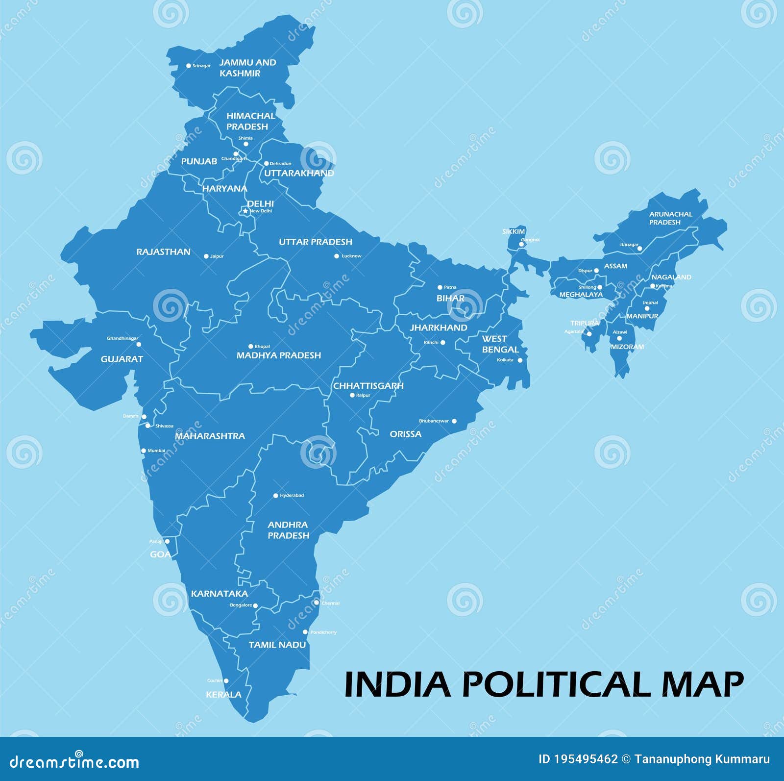 Politische Landkarte Indiens, Aufgeteilt Nach Staaten, Farbenfrohe