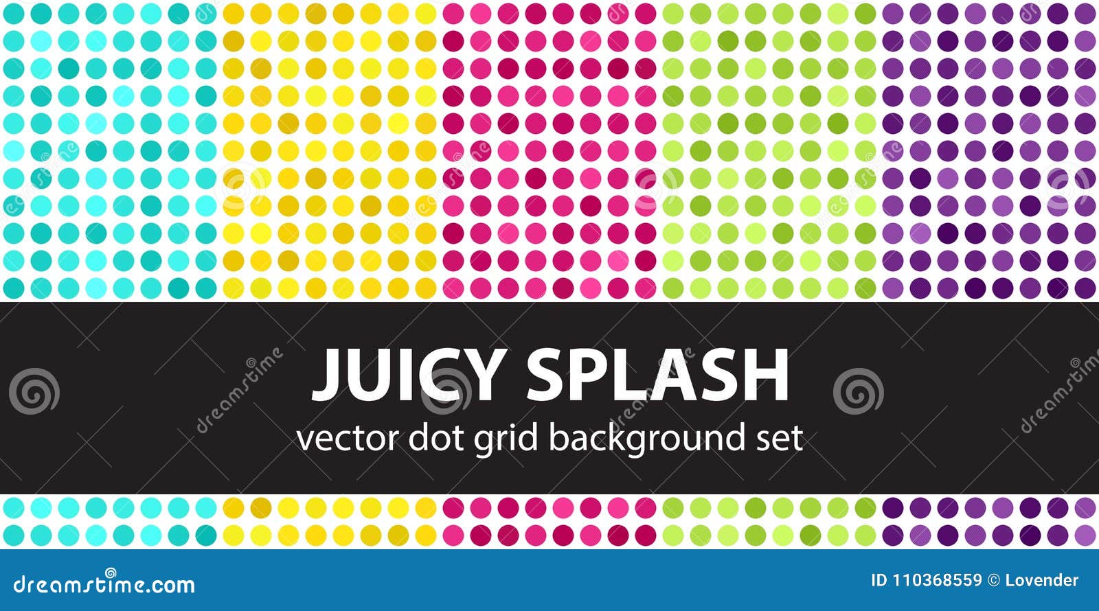 Polka dot pattern set Juicy Splash. Vector seamless geometric dot backgrounds - cyan, yellow, rose, green, violet dots on white backdrops