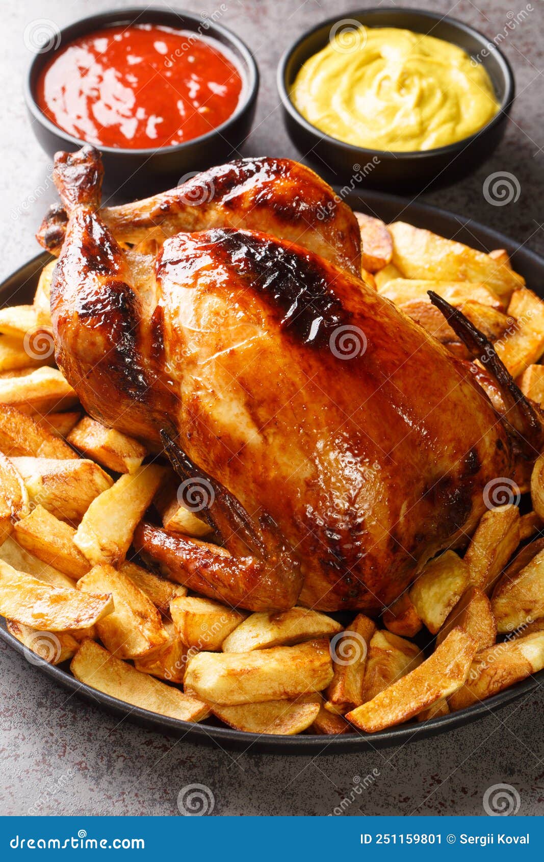 pollo a la brasa peruvian roast chicken with fried potato and sauces closeup in the plate. vertical