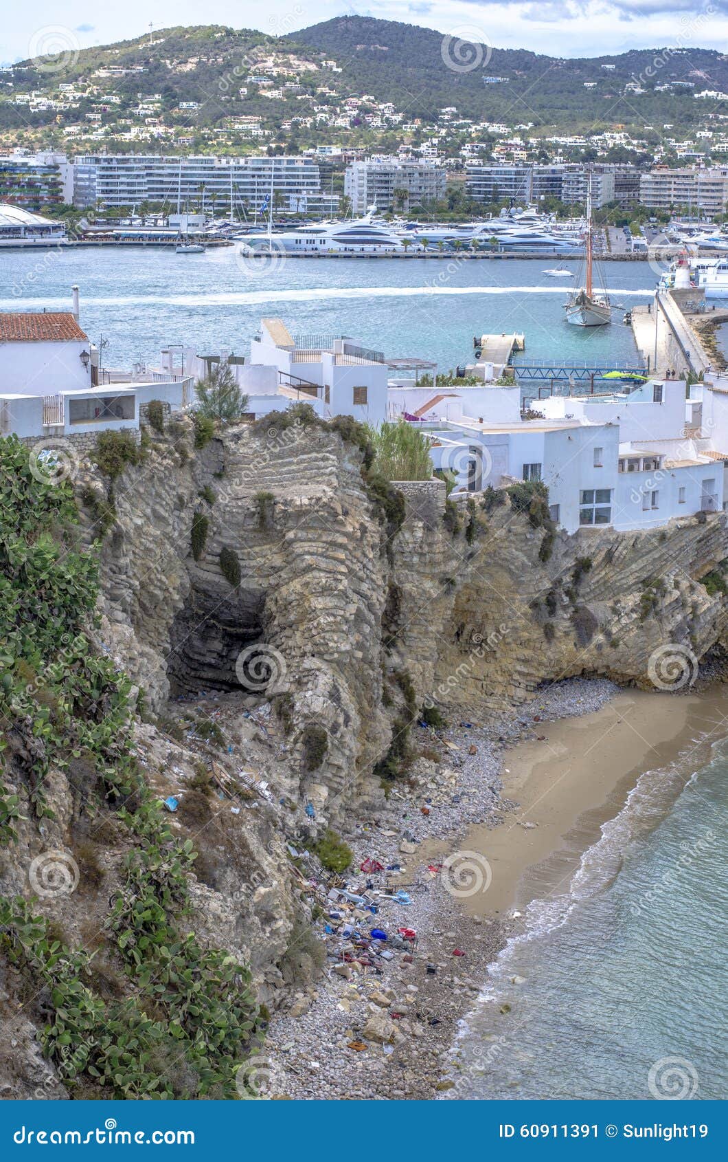 Polluted beach in Ibiza. Polluted beach in sea Mediterranean in Ibiza, Spain.