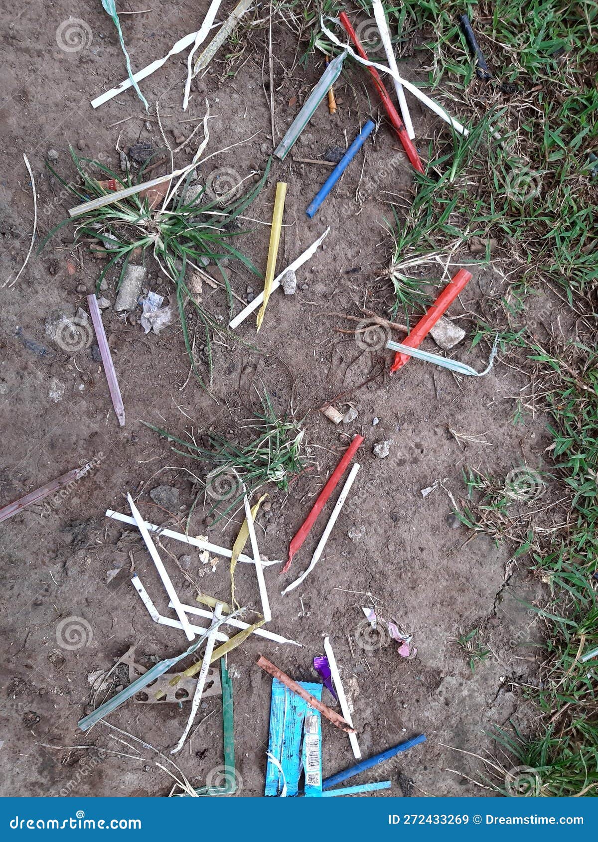 Pollution of Plastic Straw on Garden Soil. Plastic Pollution is Harmful