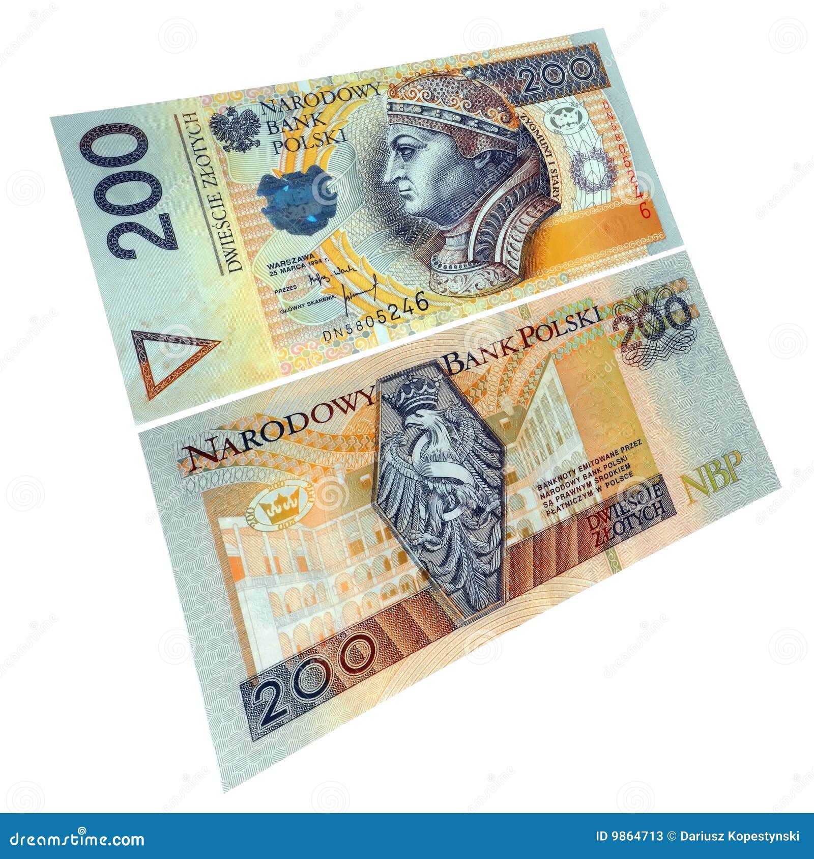 Polnische Papierwährung. Bargeld-Papierbanknote des Zlotys zweihundert polnische. Beide Seiten. Getrennt auf Weiß.