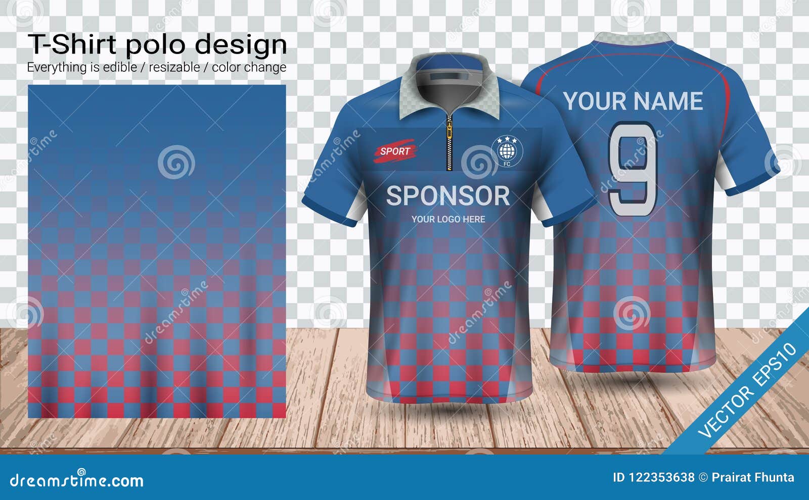 soccer t-shirt design uniform set of soccer kit. football jersey template  for football club. blue red and white color, front and back view shirt mock  up. Vector Illustration Stock Vector