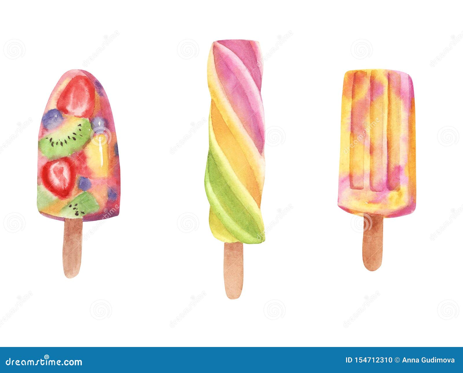 Polos exhaustos del sistema del helado de la acuarela de la mano con las frutas. Ejemplo dibujado mano de la acuarela Conjunto del helado Polos coloridos del helado con las frutas aisladas en el fondo blanco elementos para la tarjeta de felicitación del diseño, bandera, meny, diario de la comida, revista