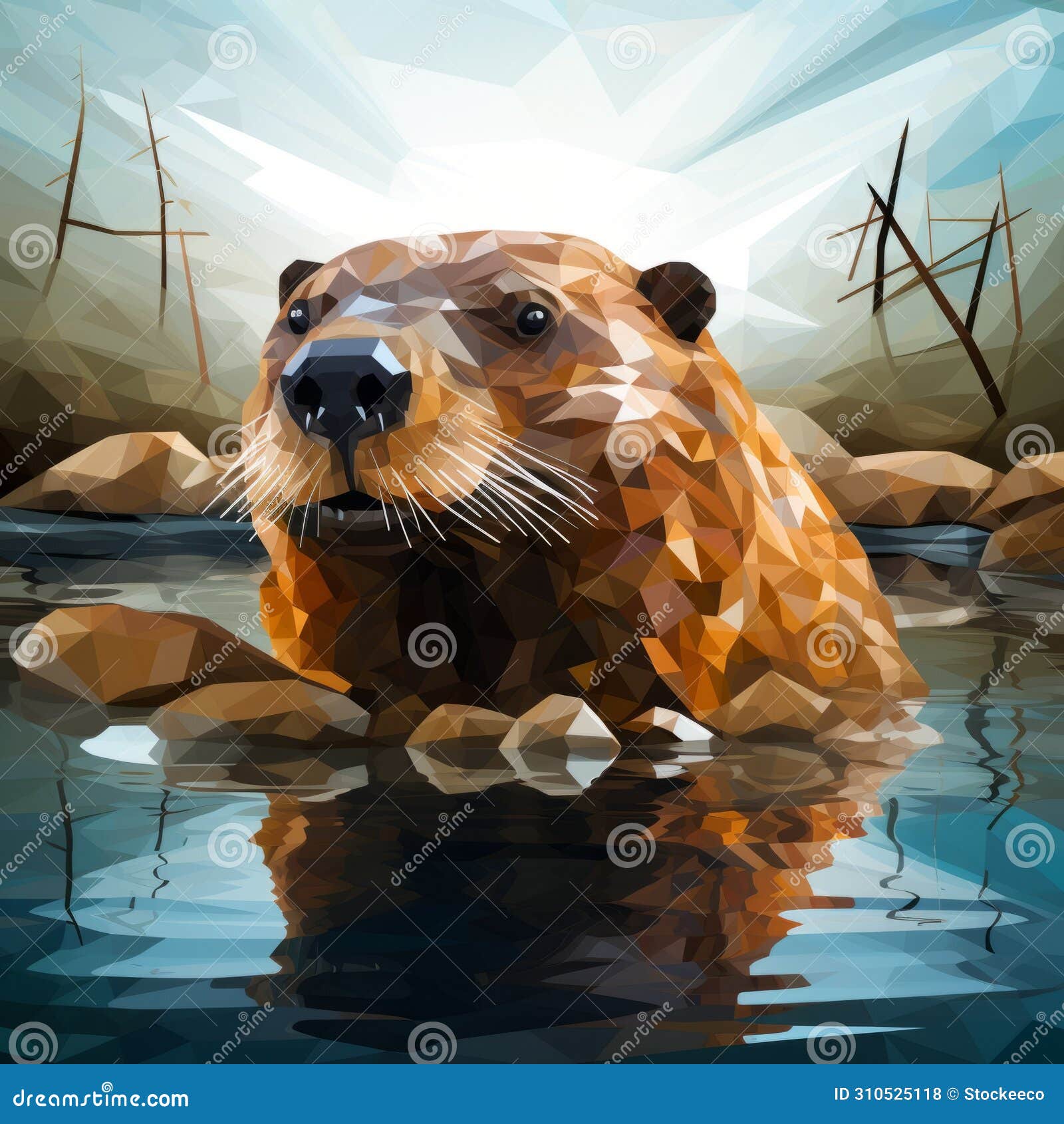 surreal low poly beaver portrait in mosaic style  