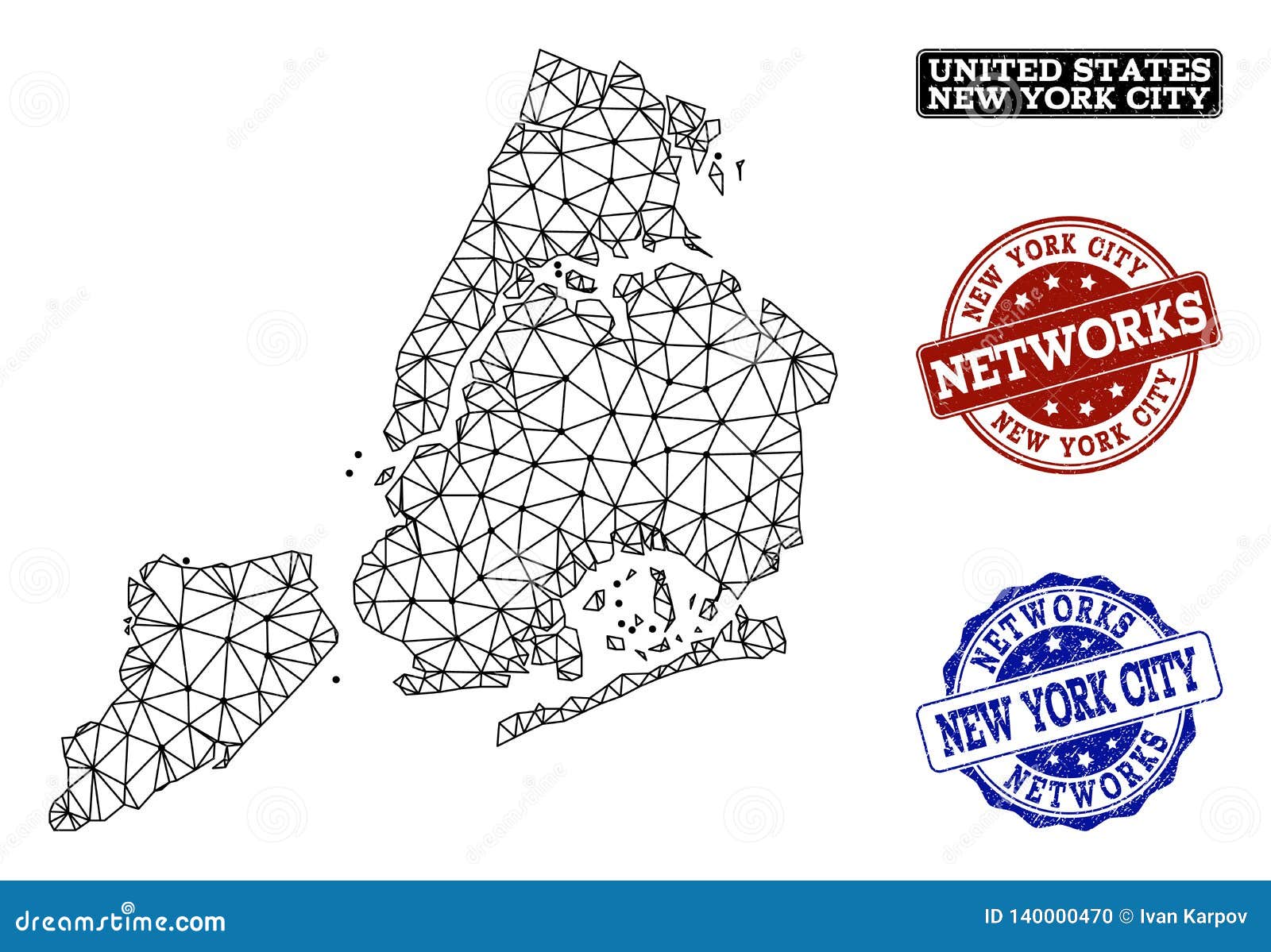 Polygonal Carcass Mesh Vector Map of New York City and Network Grunge Stamps Stock Vector