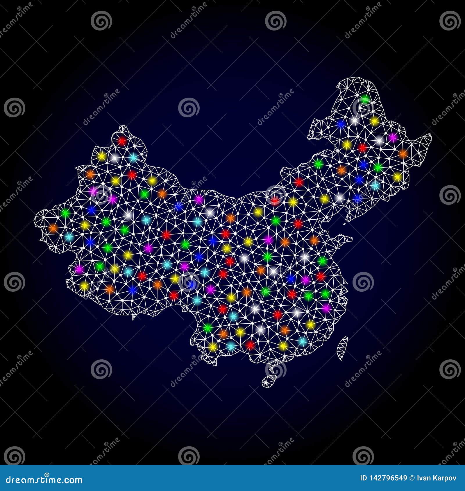 Mesh 2D Map Of China With Colorful Light Spots Stock Vector