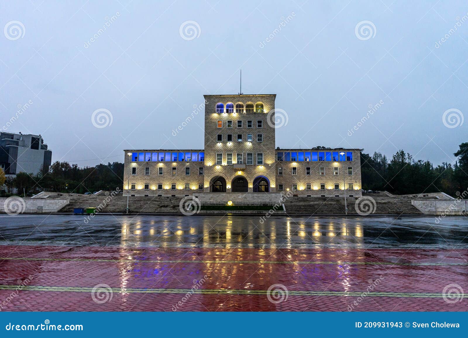 polytechnic university of the albanian capital tirana during a rainy day