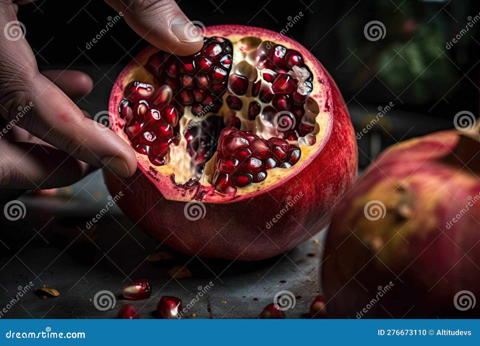 pomegranate being cut open to reveal its juicy, seed-filled center