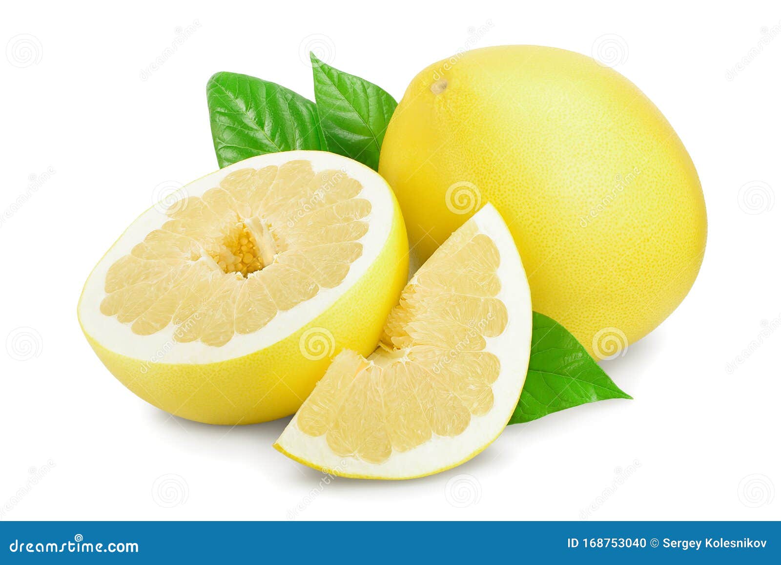 pomelo with half and leaf  on white background