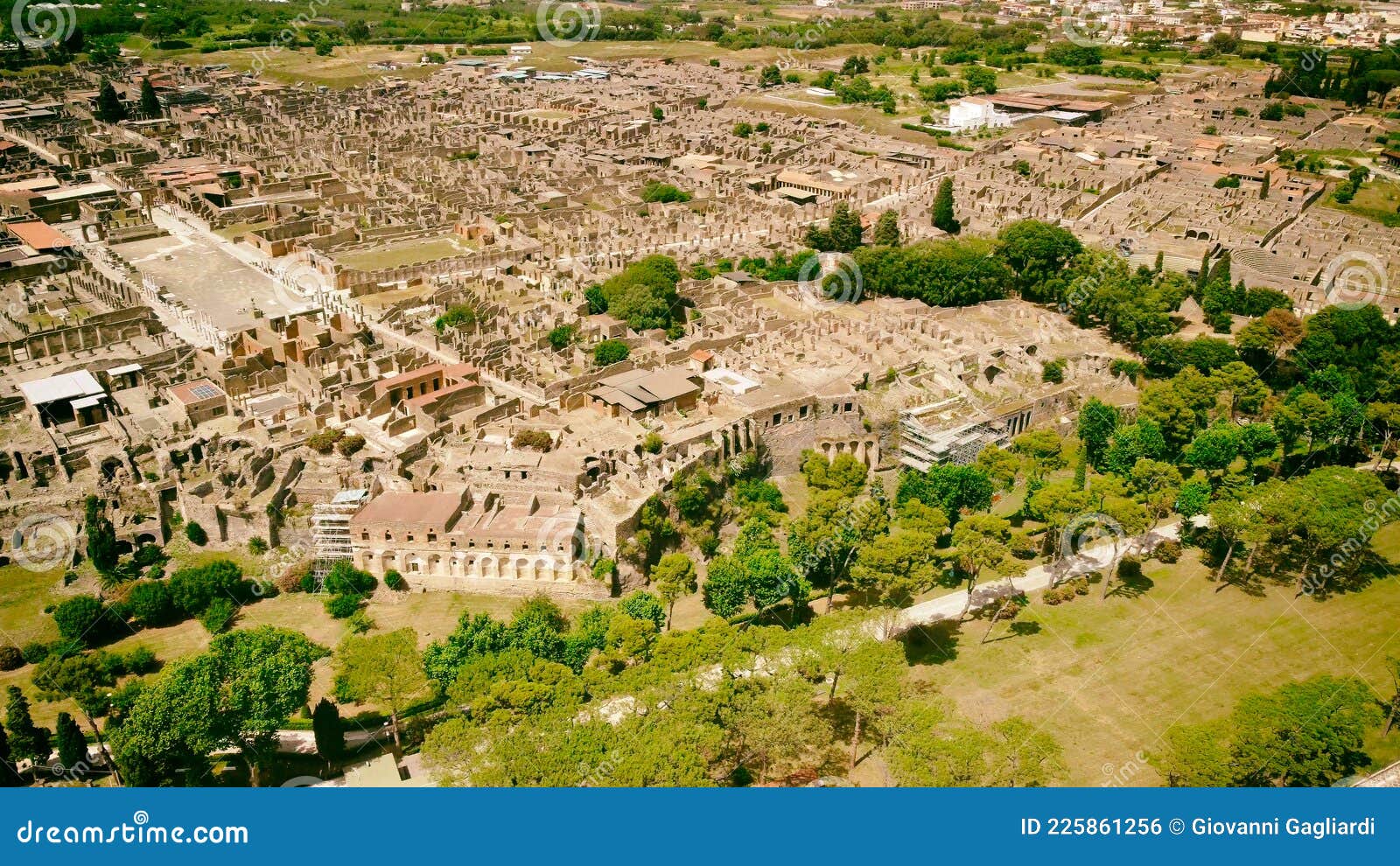 pompei, italy. aerial view of old city from a drone viewpoint in summer season