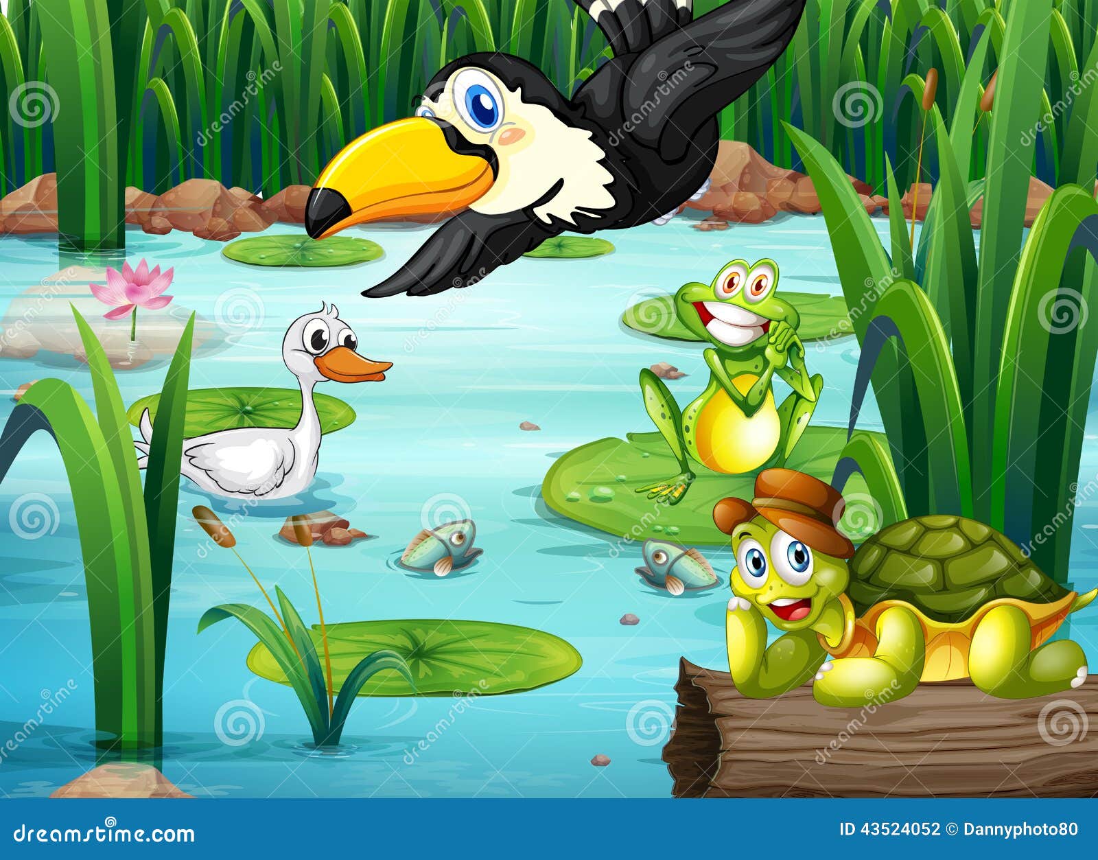 A pond with animals stock vector. Illustration of pond - 43524052
