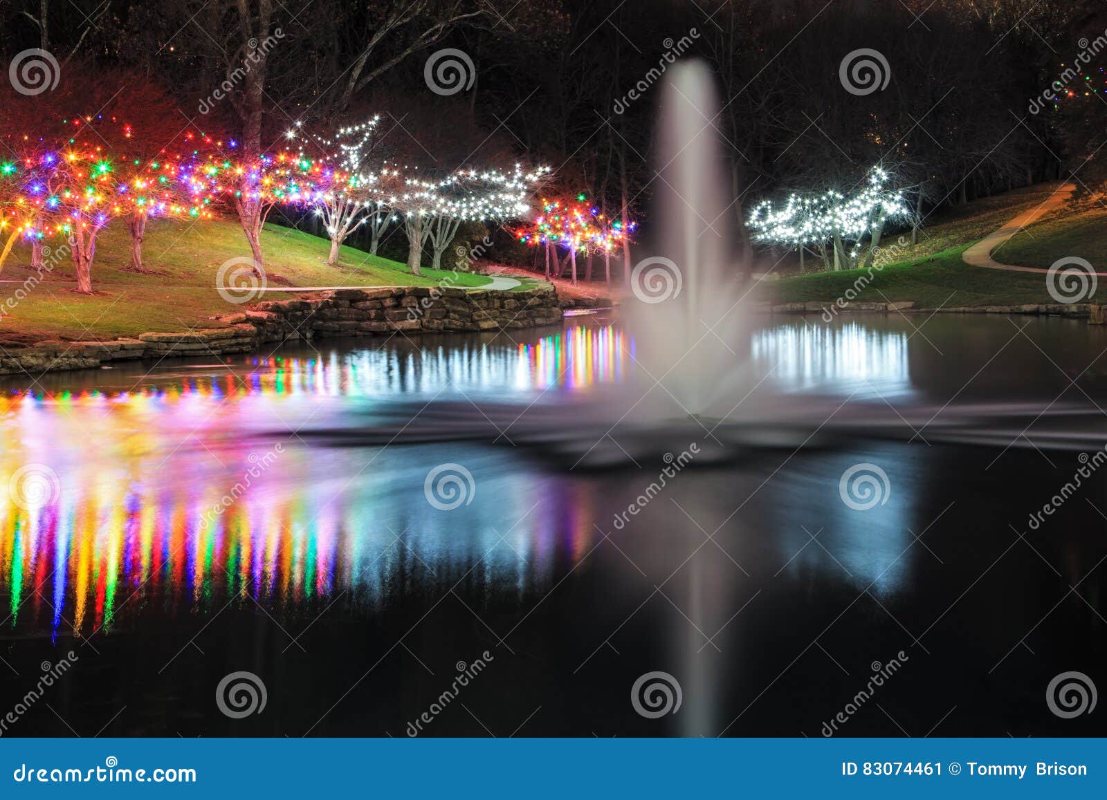 Pond with Fountain and Christmas Lights Stock Image Image of lights, illuminated 83074461
