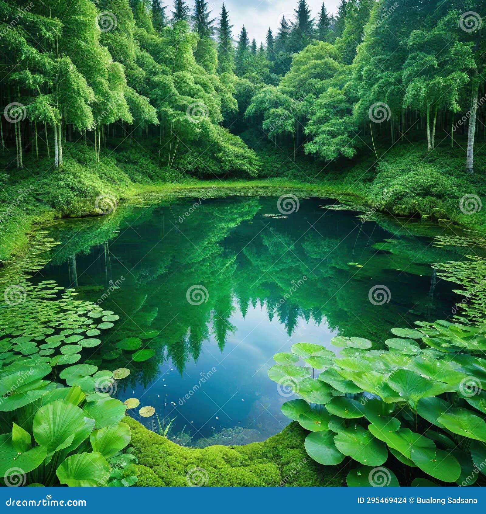 pond surrounded by trees in the middle of forest filled with green leaves and