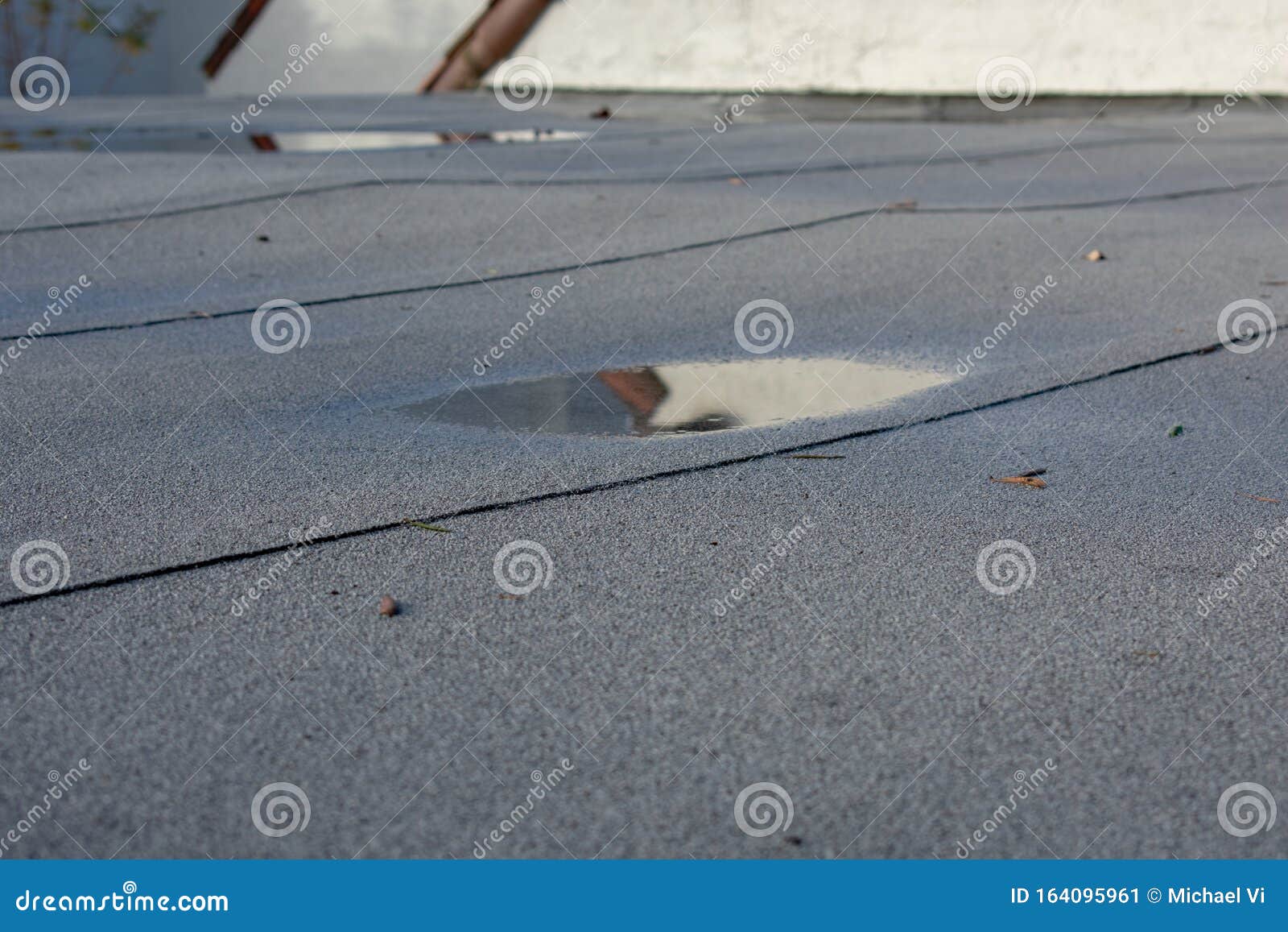 ponding rainwater on flat roof after rain