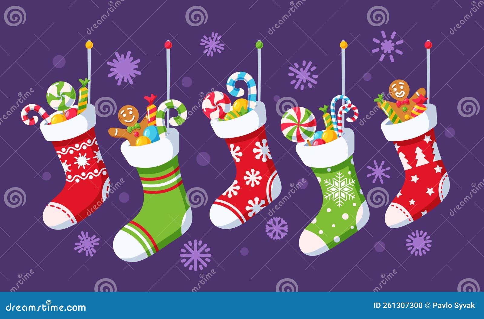 Poner Coloridos Calcetines De Navidad Con Dulces Aislados Sobre Fondo  Morado Con Copos De Nieve. Recolección De Medias En Invierno Ilustración  del Vector - Ilustración de vector, aislado: 261307300
